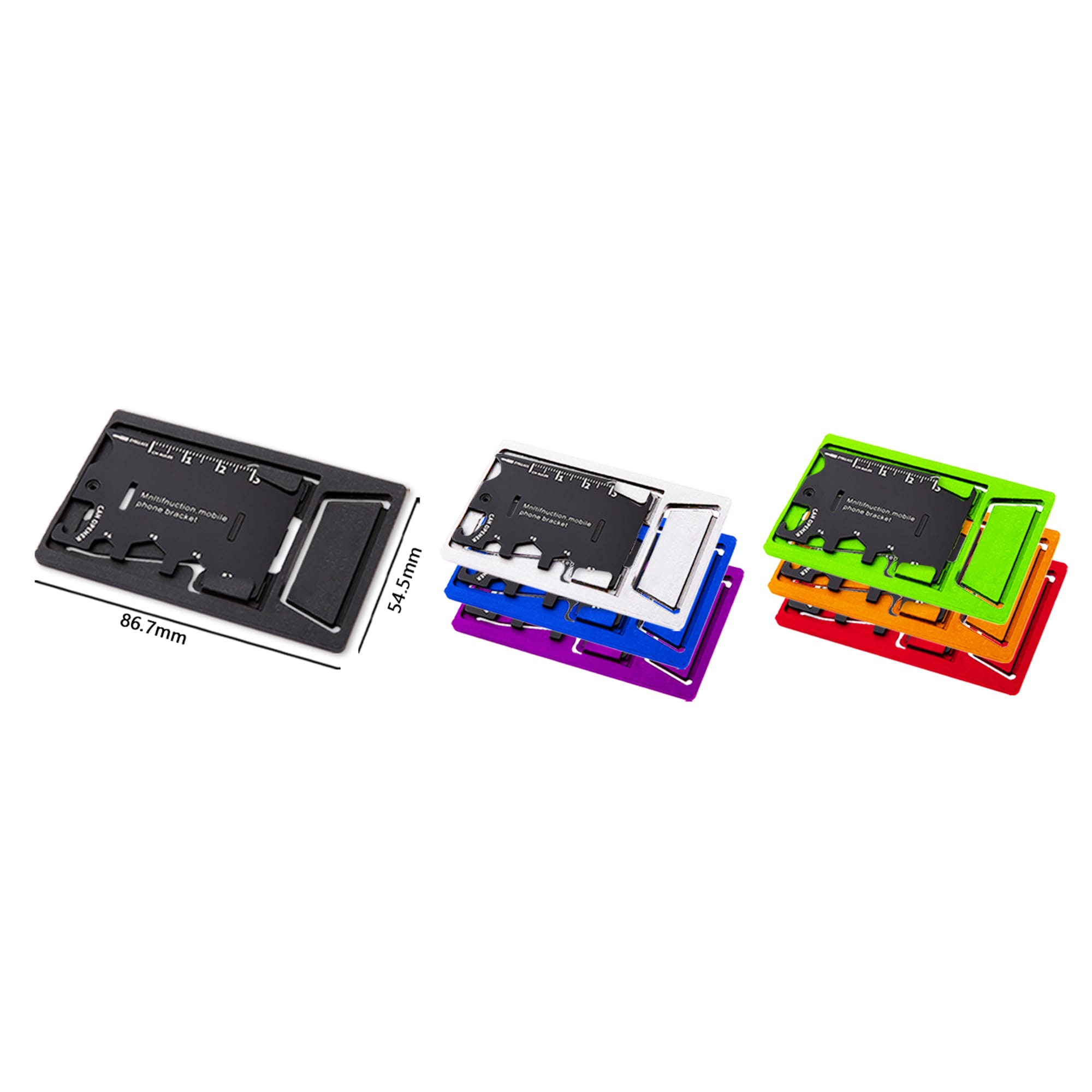 A drink bottle opener and tool set in multiple colours, featuring a black and colourful design with a logo. Mobile Stand Bottle Opener And Tool Set - Image 1