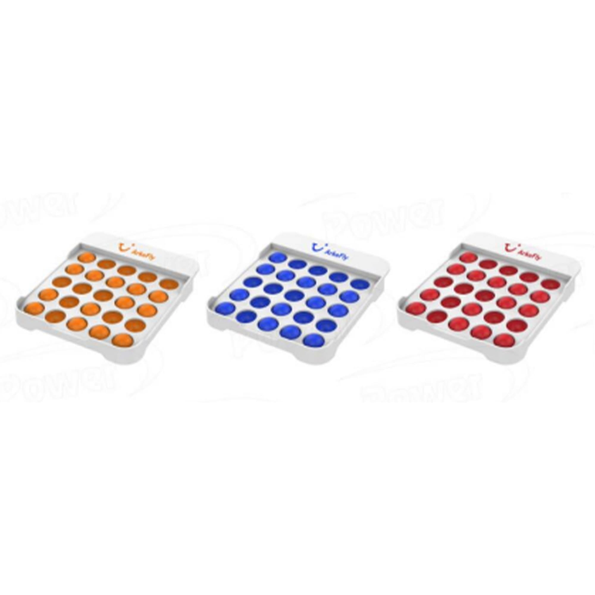 Three trays of the Pop Push Bubble product in orange, blue, and red, each featuring multiple push bubbles. Each tray has a logo. Pop Push Bubble - Image 1