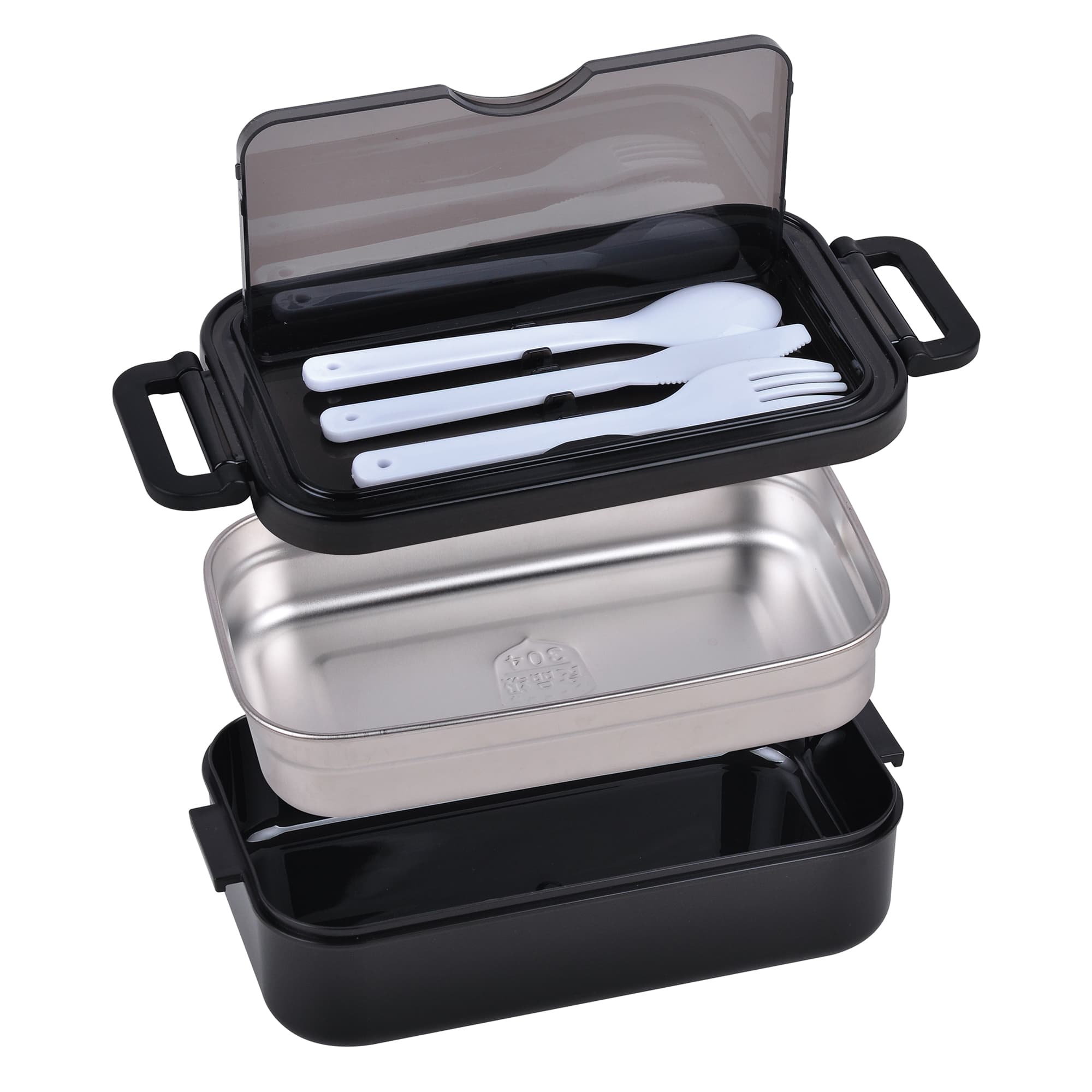 A black lunch box made of stainless steel featuring a transparent lid and a set of white knife and fork. Lunch Box With 304 Stainless Steel With Knife And Fork - Image 1