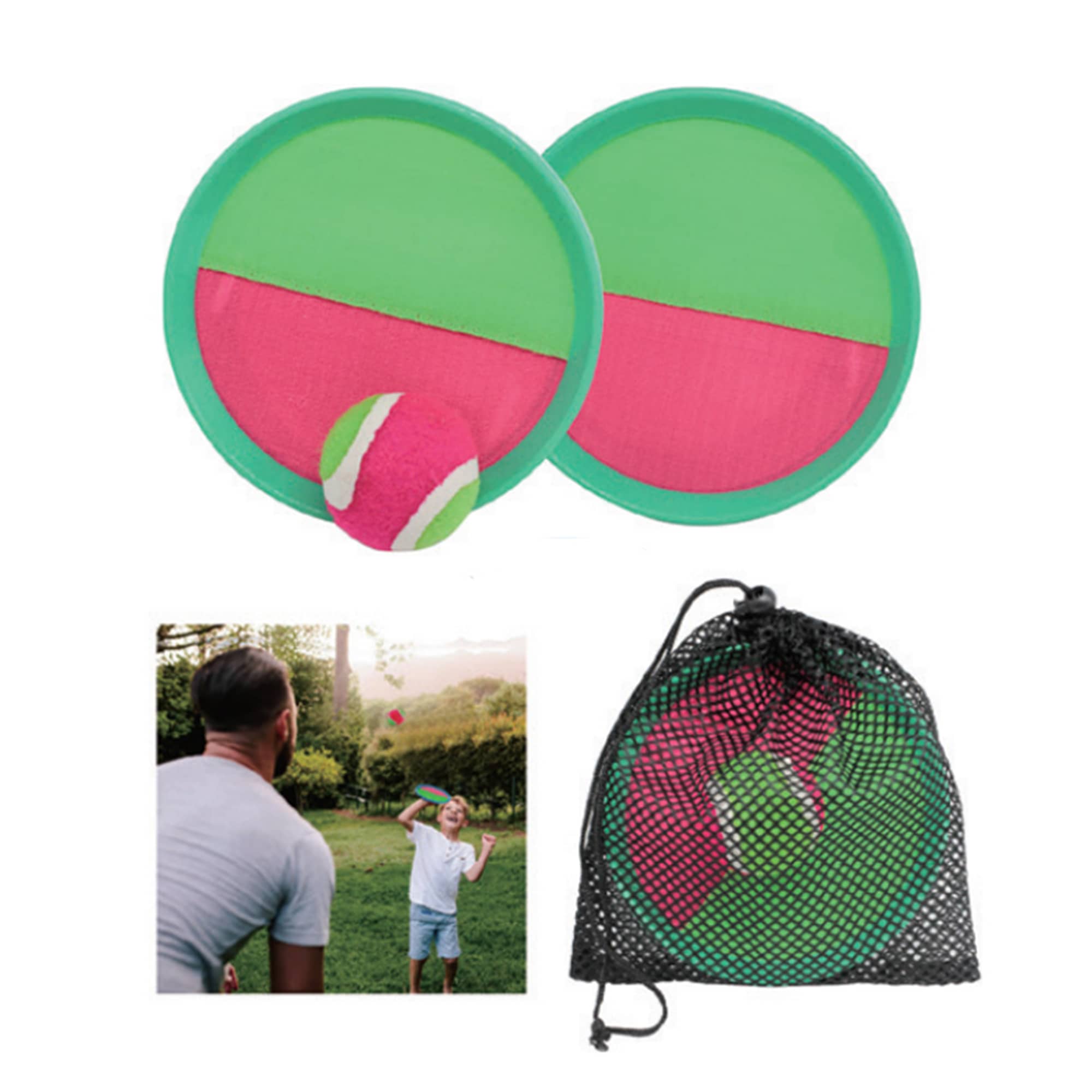 Two green and pink discs with a pink ball, packaged in a mesh bag, are displayed for a promotional product. Sticky Ball - Image 1