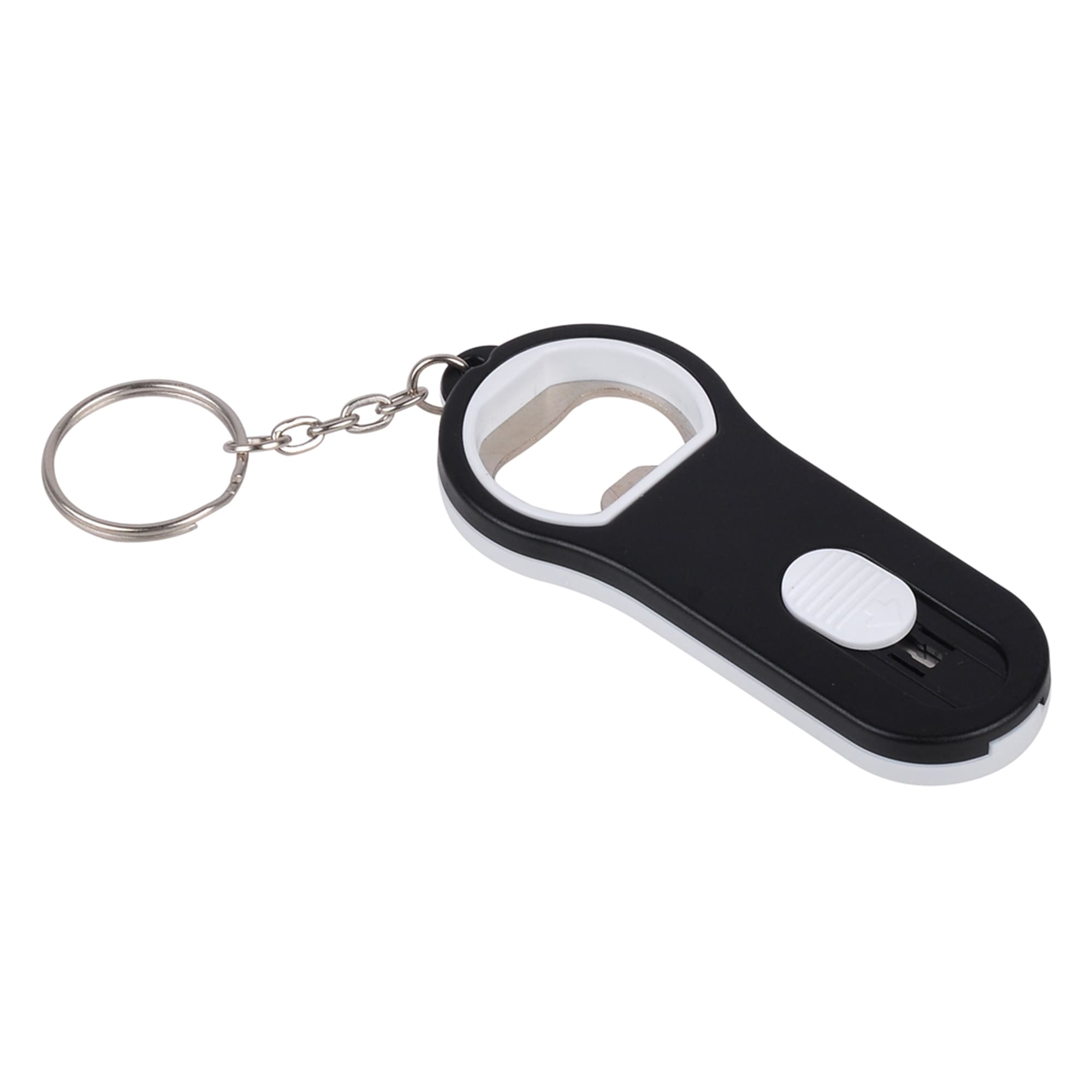 A black and white bottle opener with a letter opener feature, attached to a keyring. Bottle Opener With Letter Opener - Image 1