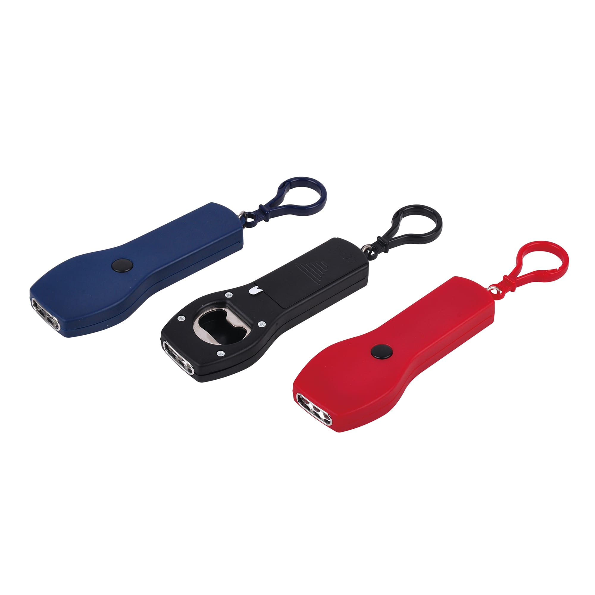 A drink bottle opener with LED in blue, black, and red colours, featuring a keyring attachment and logo branding. Bottle Opener With LED - Image 1