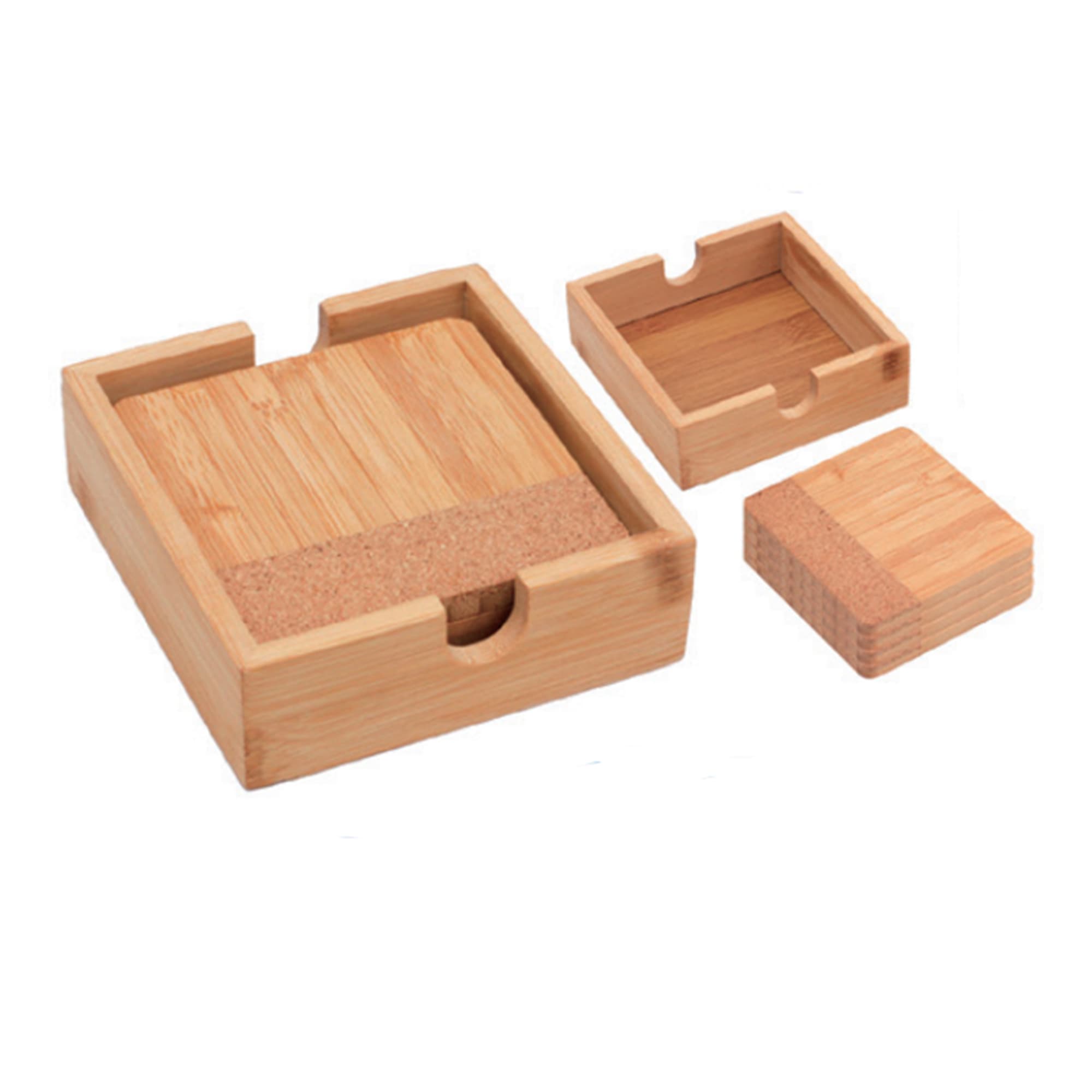 Bamboo coasters in natural tones, featuring four pieces, including a tray and two smaller coasters. Bamboo Coaster (4pcs in 1) - Image 1