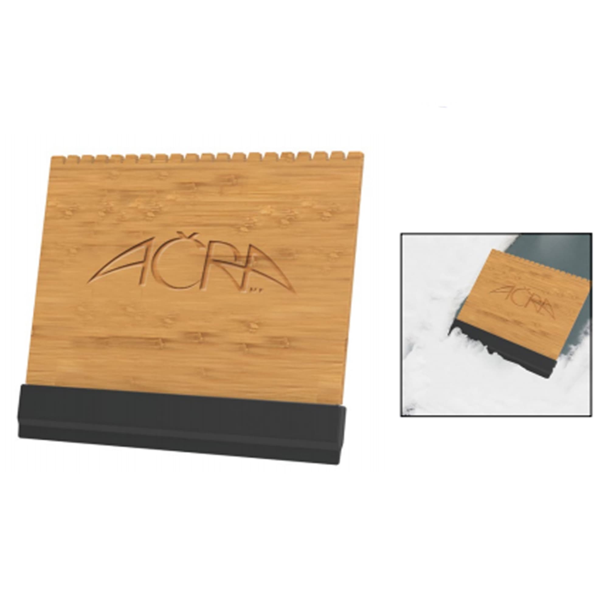 A wooden ice scraper with a black rubber base, featuring a logo on its surface. Ice Scraper - Image 1