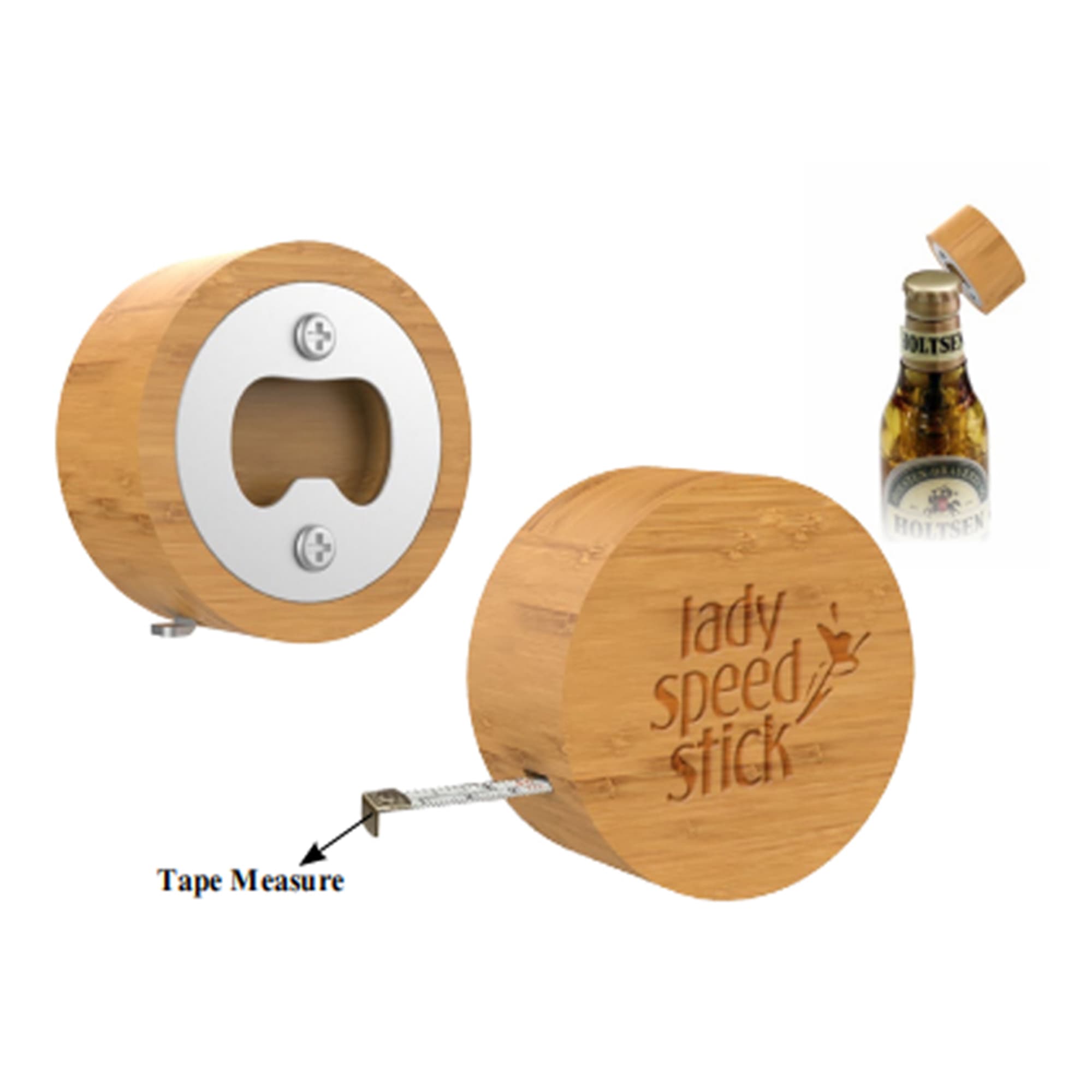 A drink bottle opener combined with a tape measure, featuring a bamboo design and a metallic opener. Bottle Opener With Tape Measure - Image 1