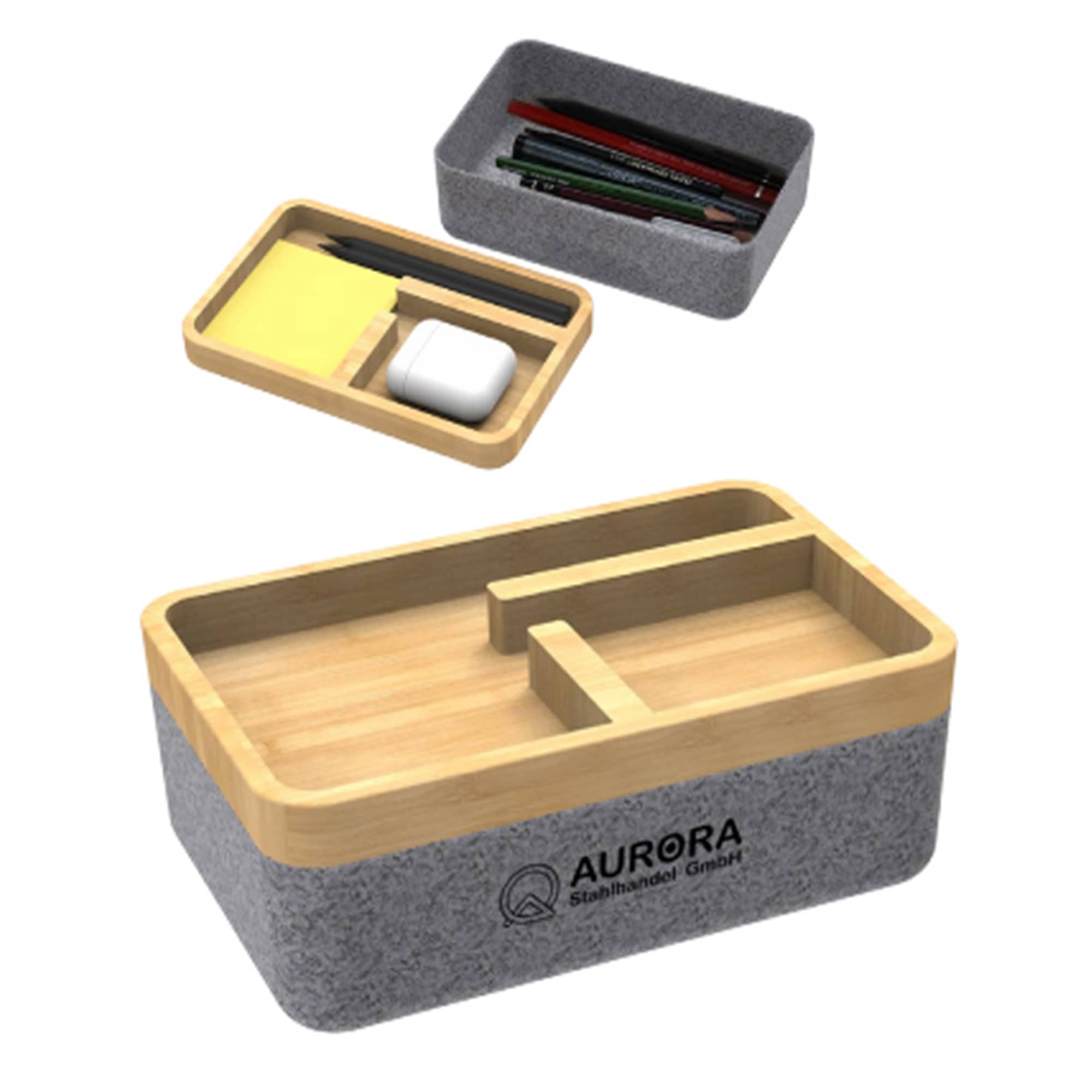 A felt box with a bamboo lid, featuring two compartments, grey felt exterior, and a logo on the front. Felt Box With Bamboo Lid - Image 1