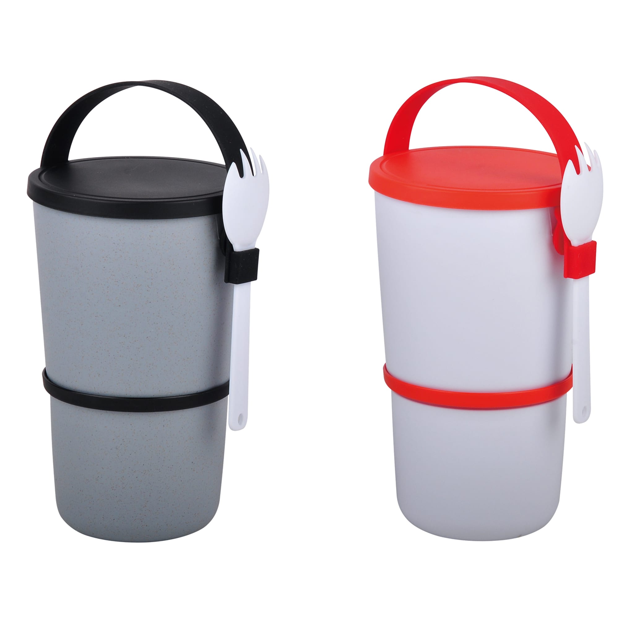 A grey and white lunch box with a black and red lid, featuring a fork attached to the side. Lunch Box With Fork - Image 1