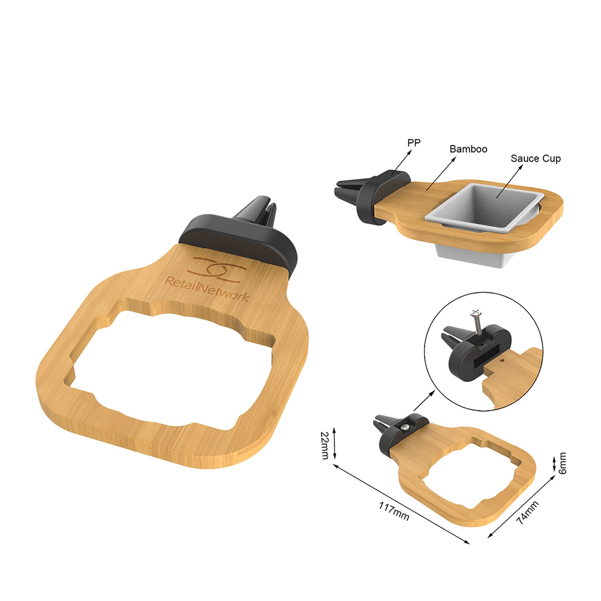 A bamboo sauce holder with a grey sauce cup, featuring a branding logo and various measurements labelled. Sauce Holder - Image 1