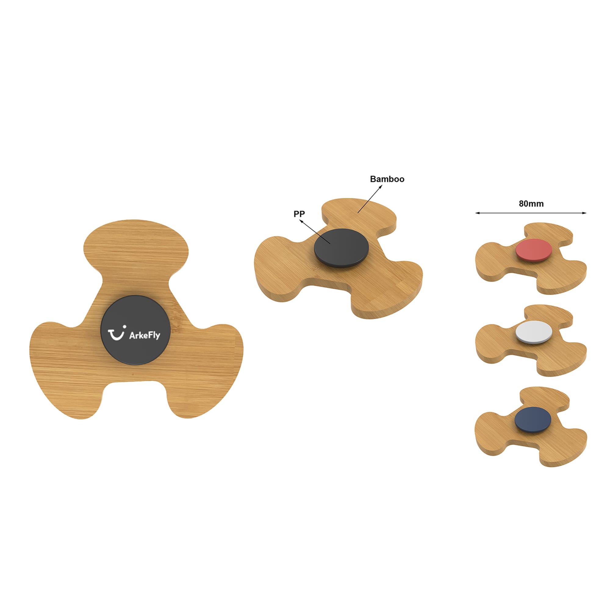 A bamboo stress reliever in a unique three-pronged shape, featuring a central black logo and available in multiple colours. stress reliever - Image 1
