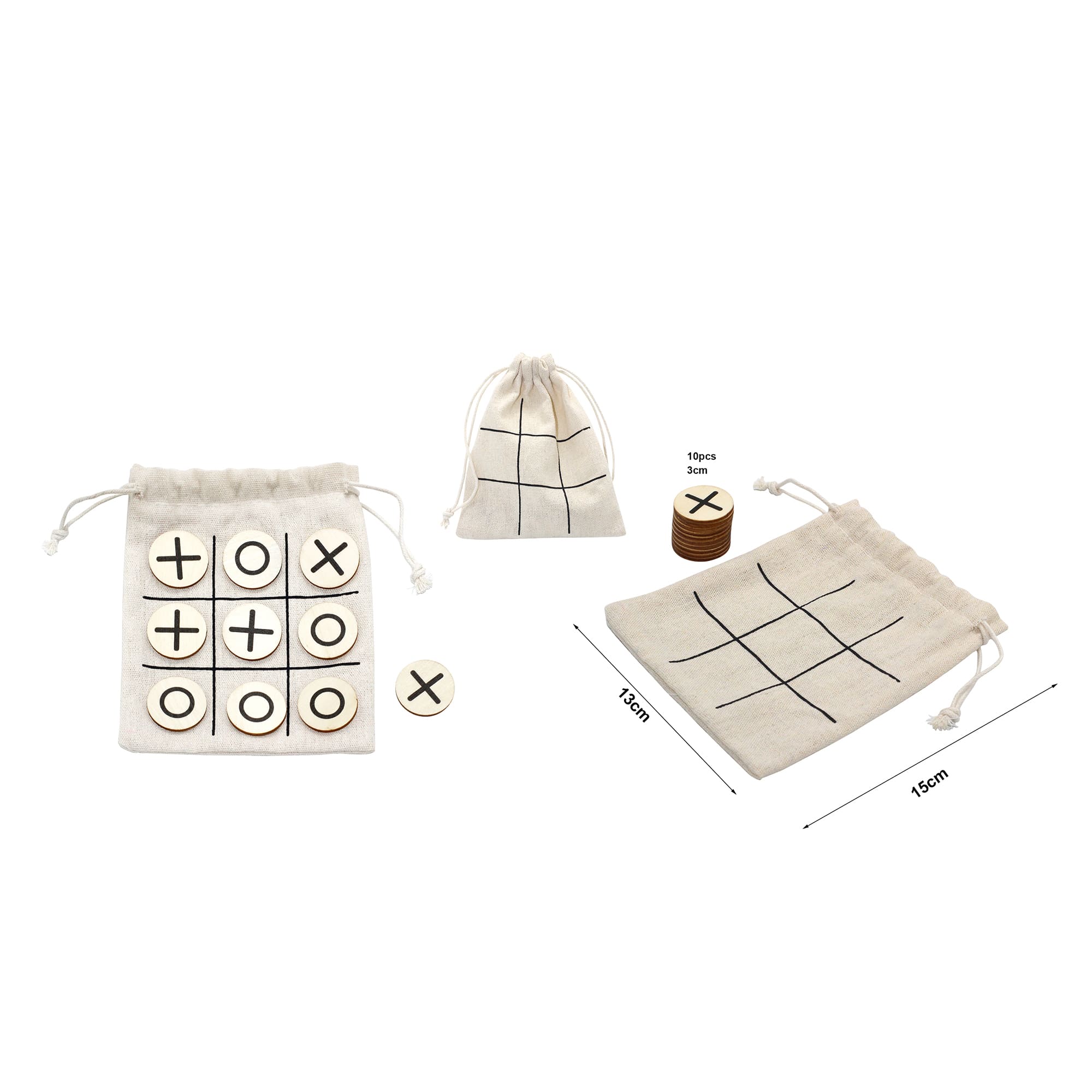 A set of tic-tac-toe game pieces in a cream drawstring bag, featuring wooden X and O discs and an additional cloth bag. Game Set - Image 1