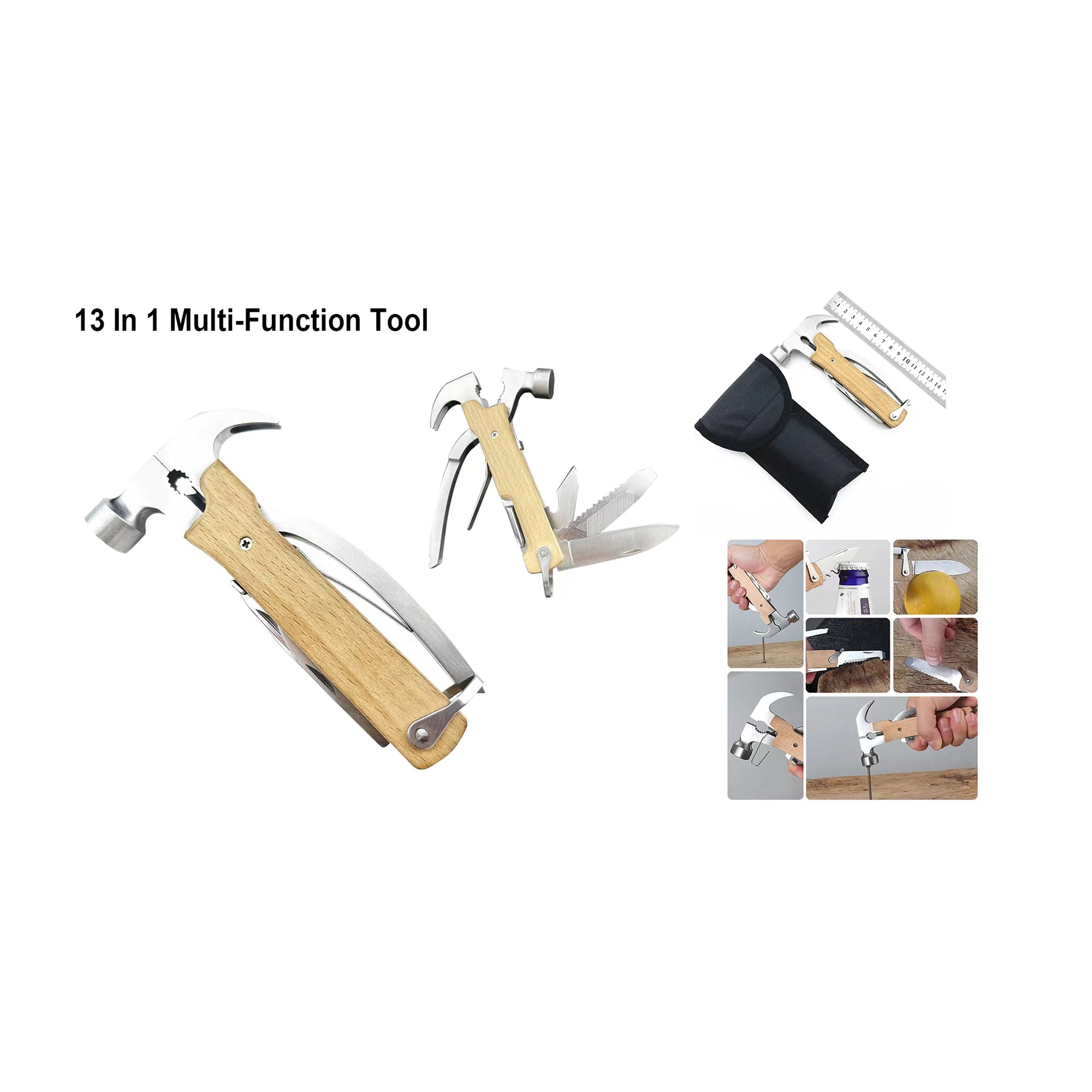 A multi-function tool featuring a wooden handle and metal components, including a hammer, knife, and ruler. Hammer - Image 1