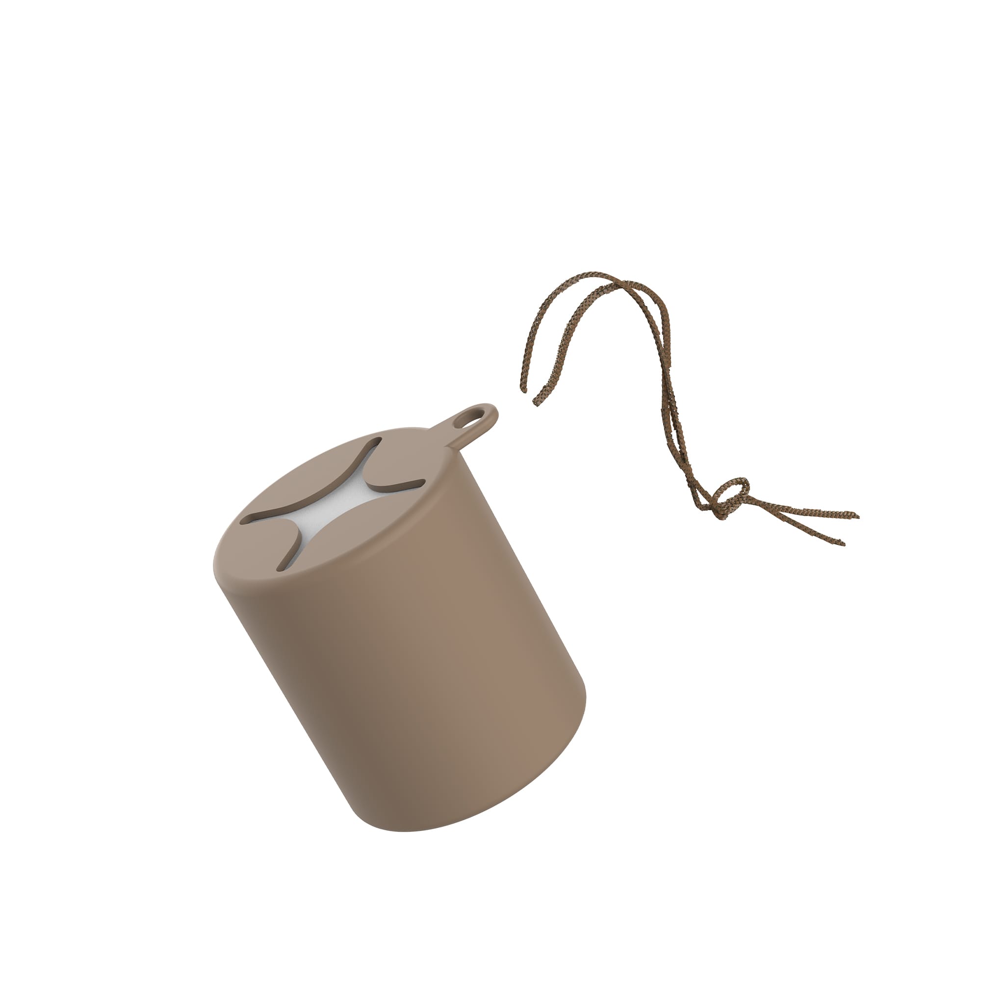A silicone case in a tan colour with a string loop for attachment. The case is cylindrical in shape and has a logo. Poncho In Silicone Case - Image 1
