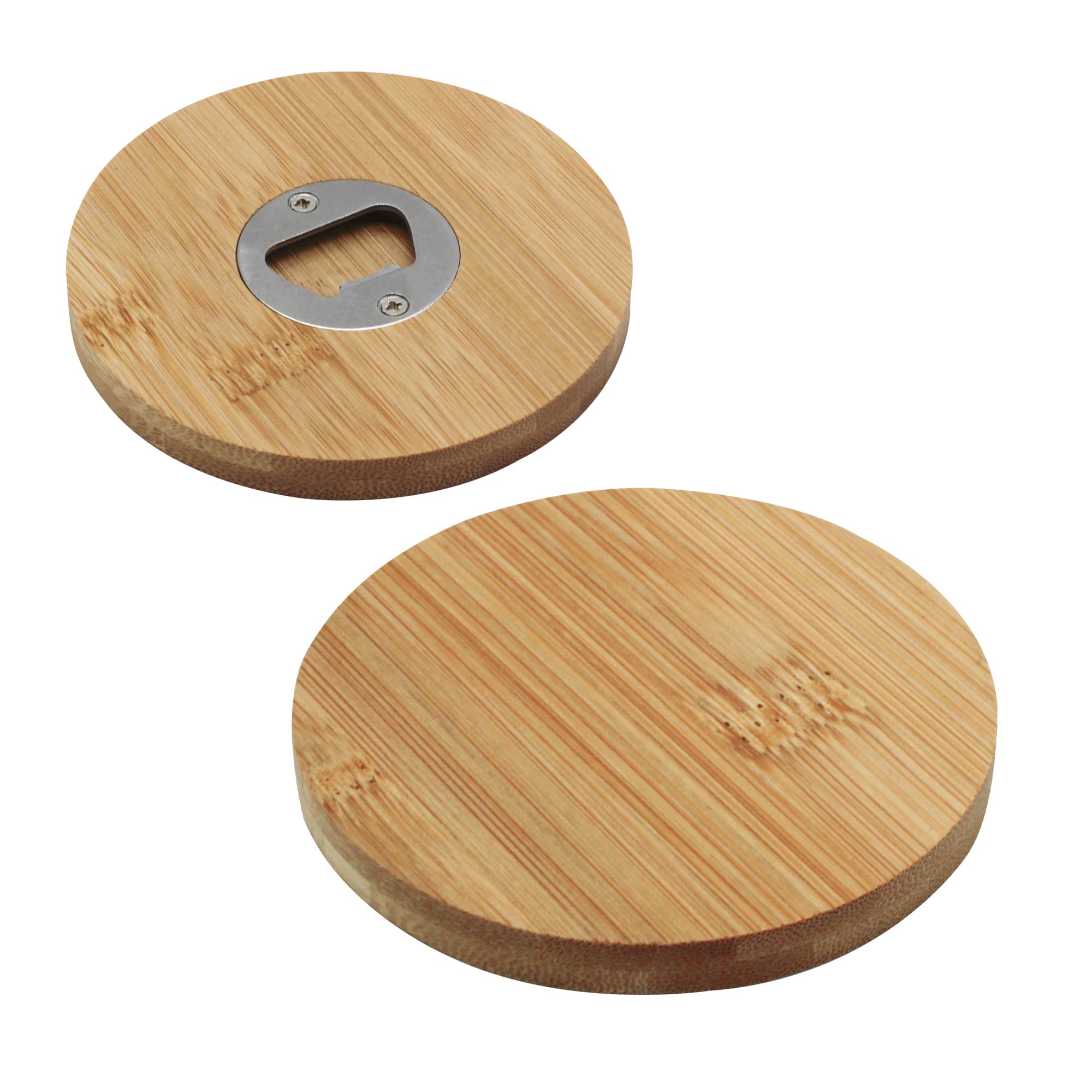 A drink bottle opener coaster made of bamboo, featuring a circular design with a stainless steel opener. Coaster of Bottle Opener - Image 1