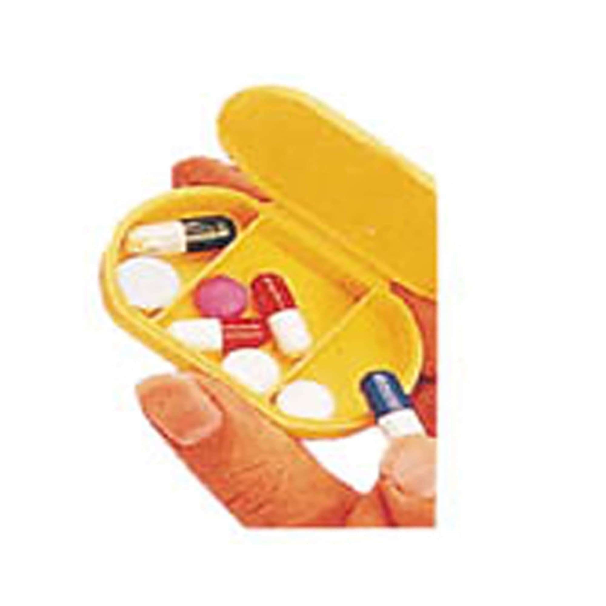 A yellow pill box held in a hand, containing various coloured pills and tablets in separate compartments. Pill Box - Image 1