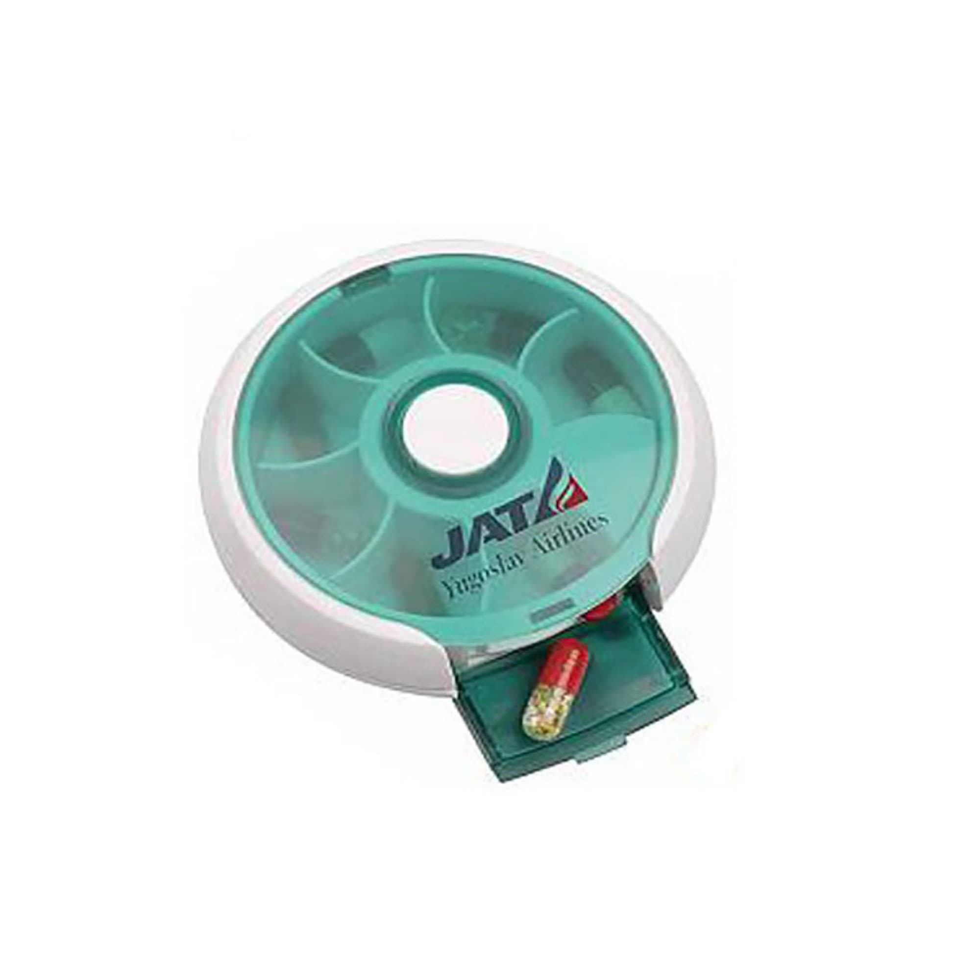 A round, turquoise and white pill box with compartments for seven days and a slide-out drawer. It features a logo. 7 Days Pill Box - Image 1