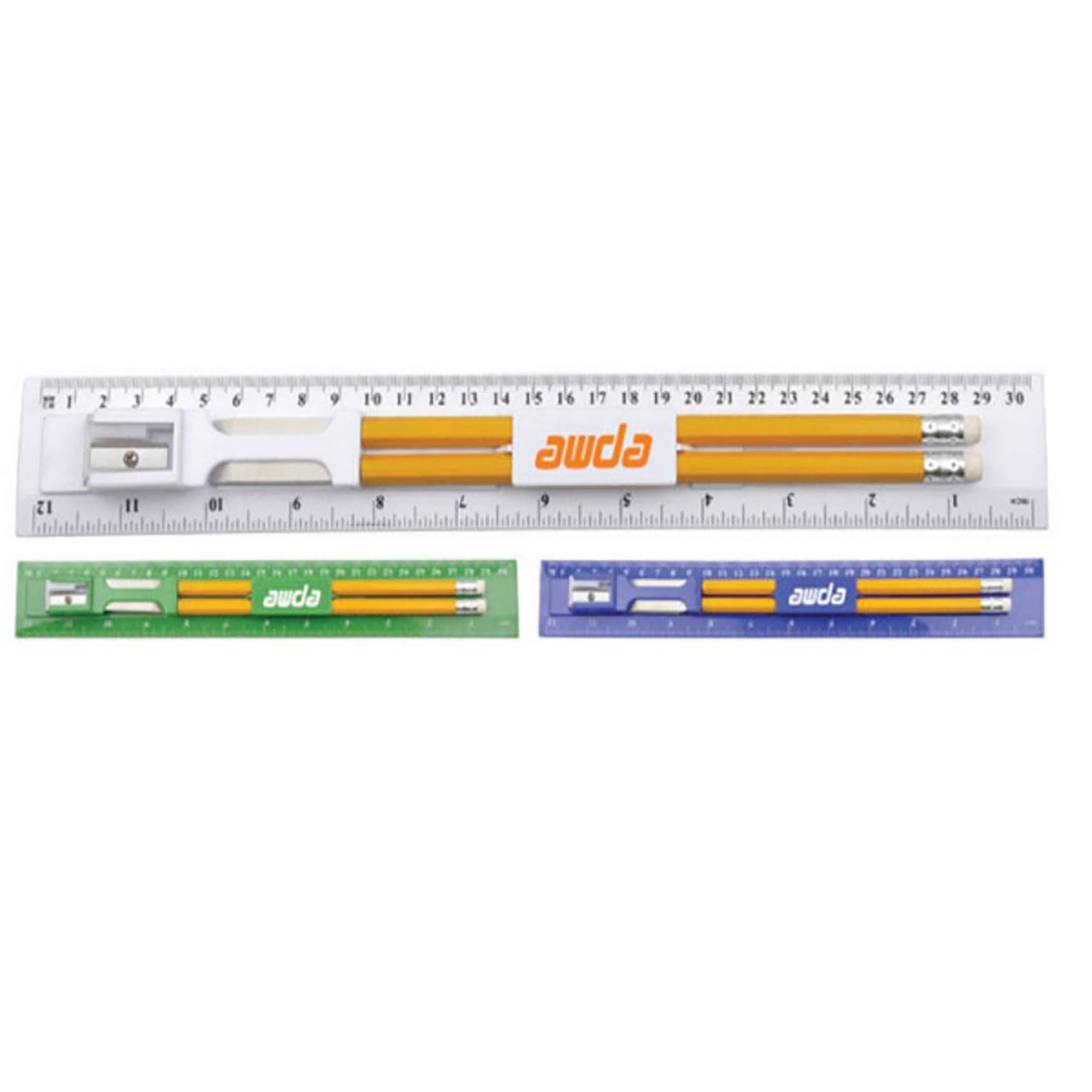 A 30cm ruler set featuring three rulers in clear, green, and purple, with a pencil and sharpening tool included. 30cm Ruler Set - Image 1