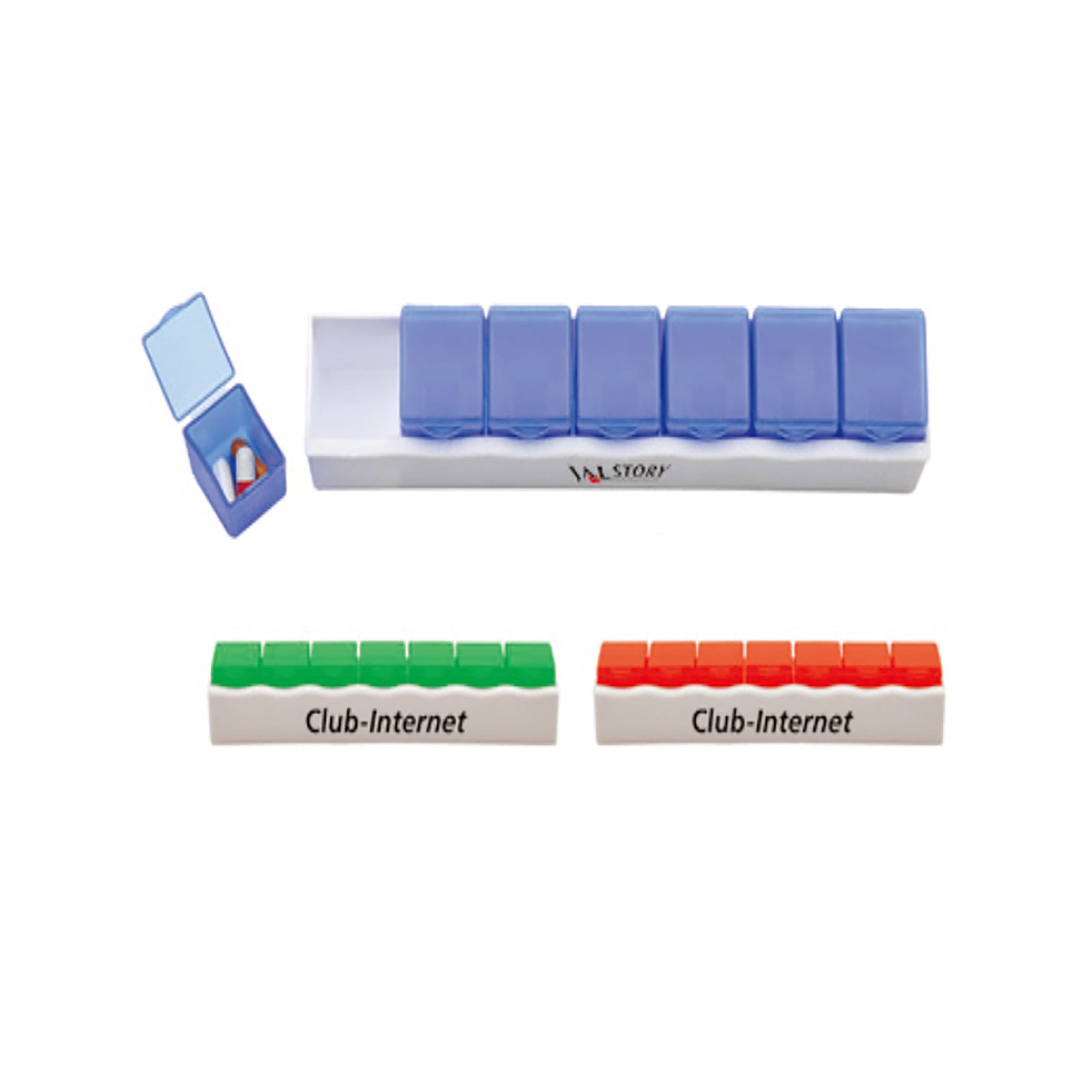 A pill box with multiple compartments in blue, red, and green, featuring a logo on the side. 7 Days Pill Box - Image 1