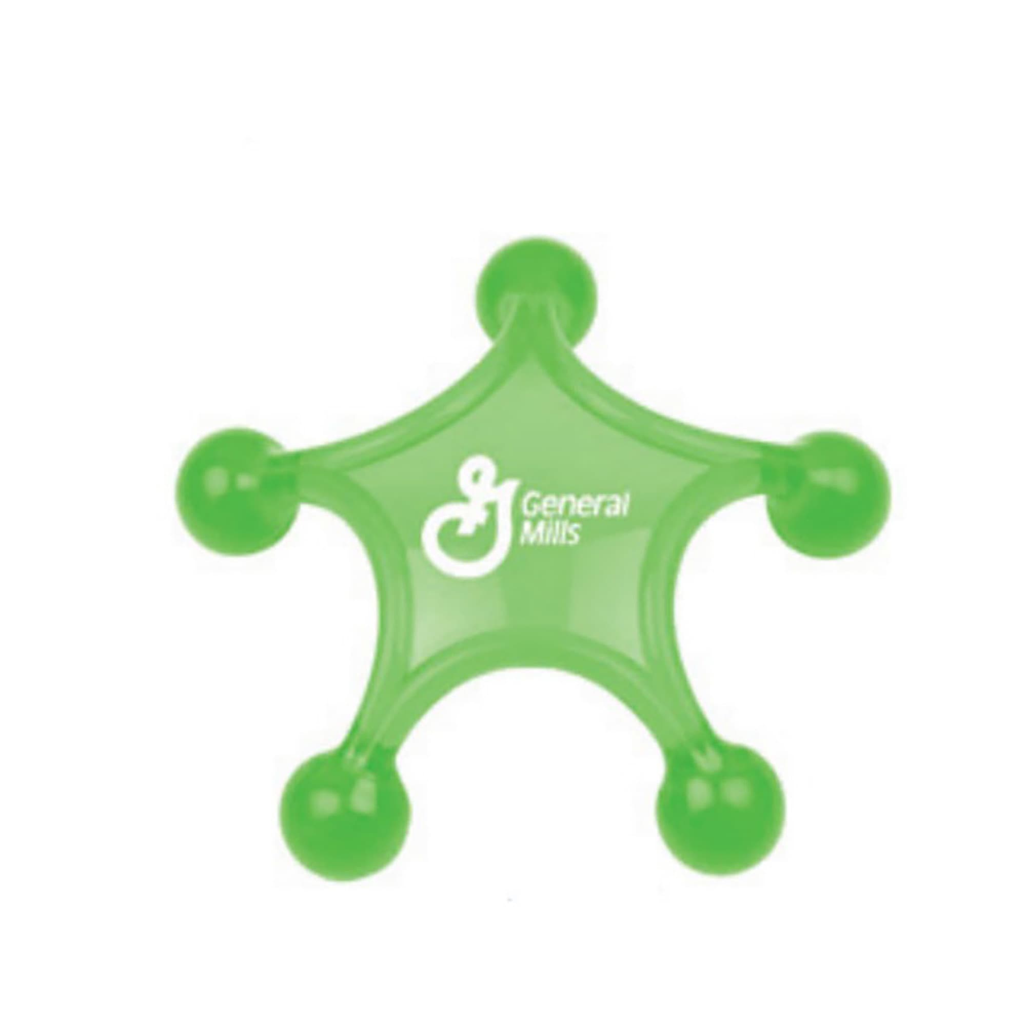 A green massager with a star shape and rounded tips, featuring a logo on the surface. Massager - Image 1