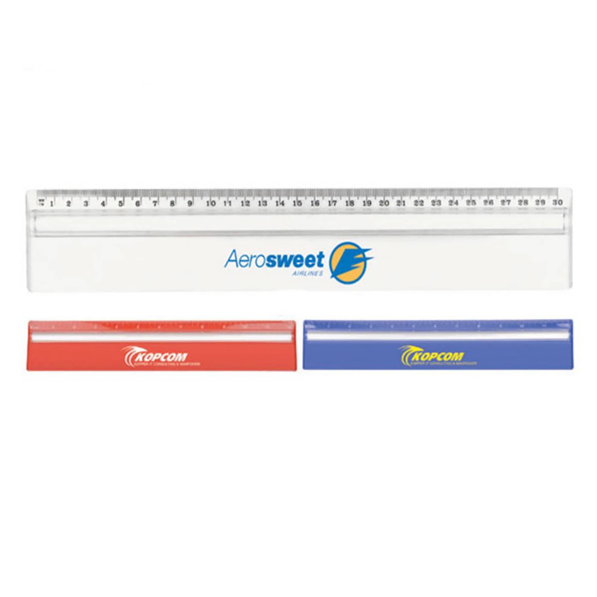 A transparent 30cm ruler in white with red and blue rulers below it, featuring various logos. 30cm Ruler Magnifying - Image 1
