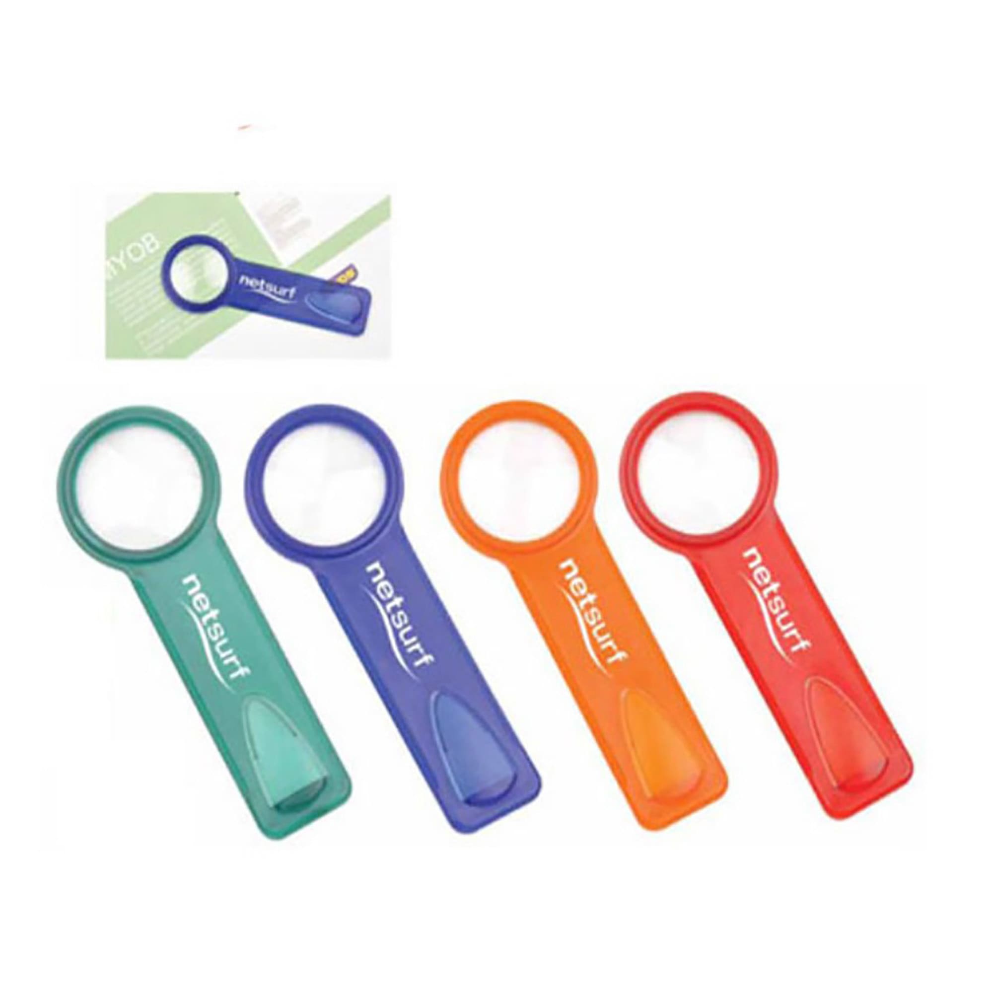 A set of four magnifying bookmarks in green, blue, orange, and red with a logo on each. Book Mark with Magnifying - Image 1