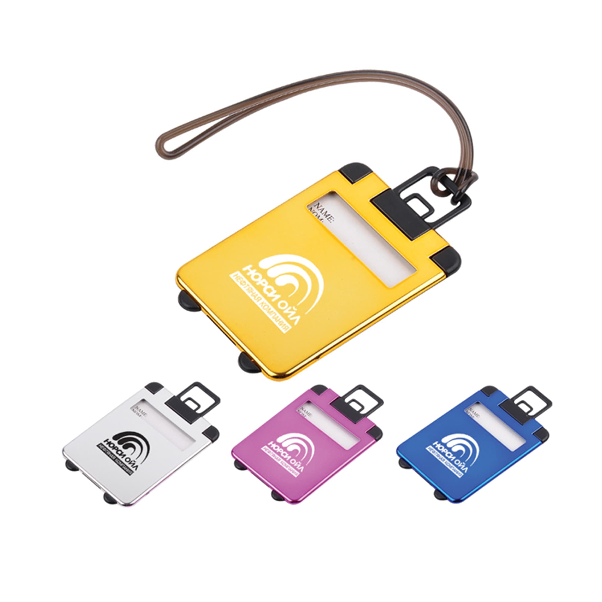 A set of luggage tags in yellow, white, pink, and black, each featuring a logo and a clear identification window. Luggage Tag – UV Outside - Image 1