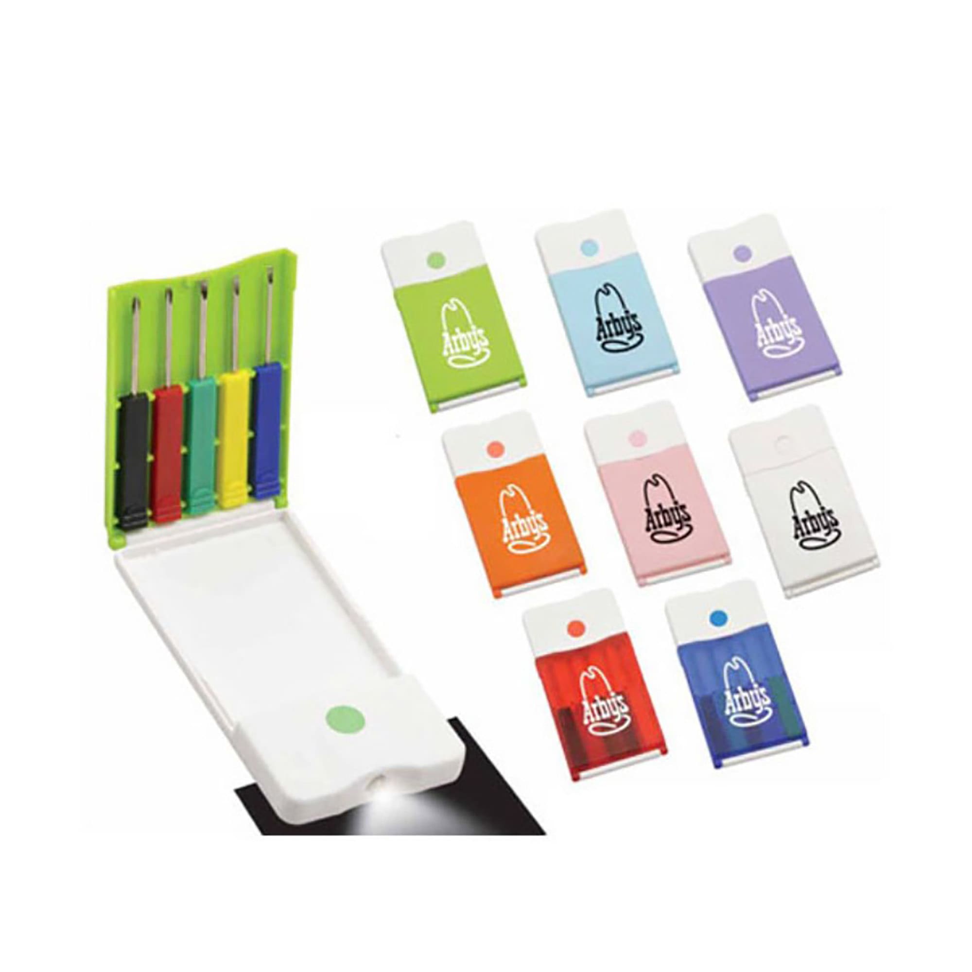 A tool set featuring colourful screwdrivers in a compact case with a light, available in multiple colours. Tool Set for Clock and Watch With Light - Image 1