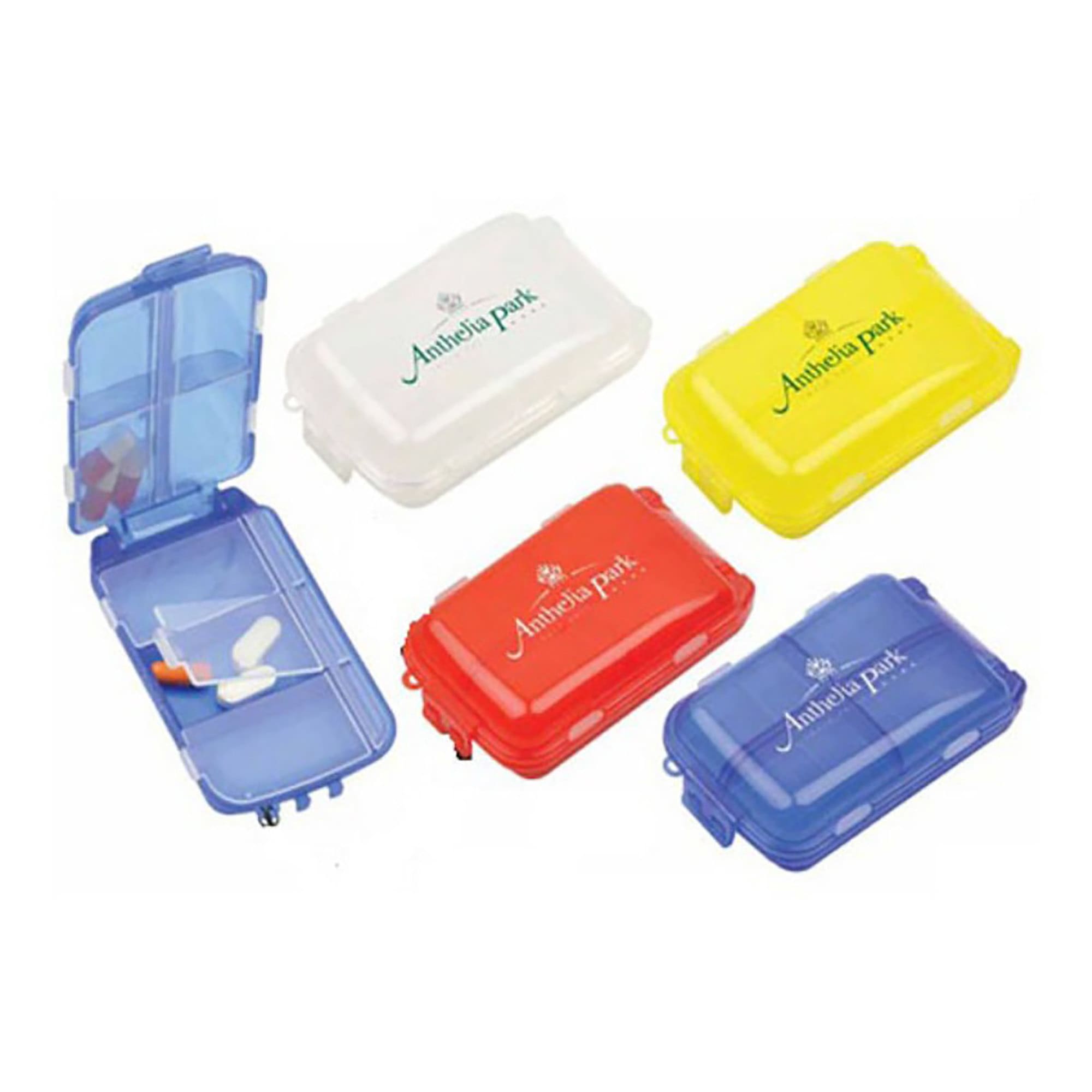 A set of five pill boxes in blue, white, red, yellow, and orange, featuring one with a clear lid displaying tablets inside. Pill Box - Image 1