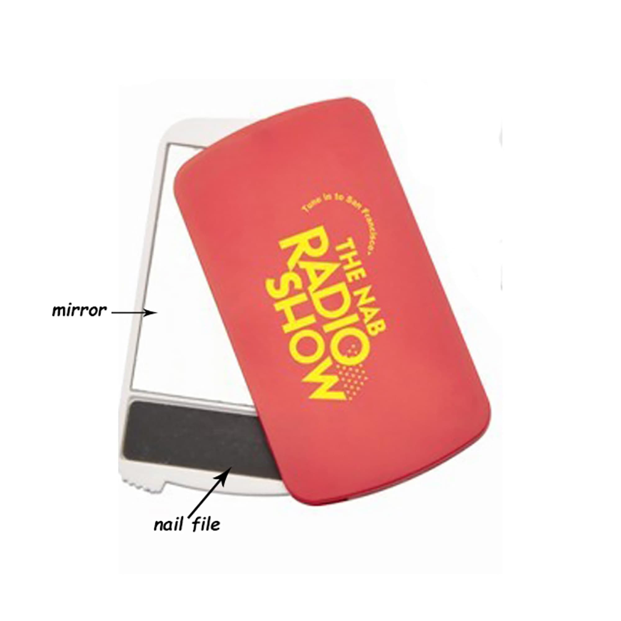 A red mirror with a nail file on one side. The product includes branding. Mirror with Nail File - Image 1