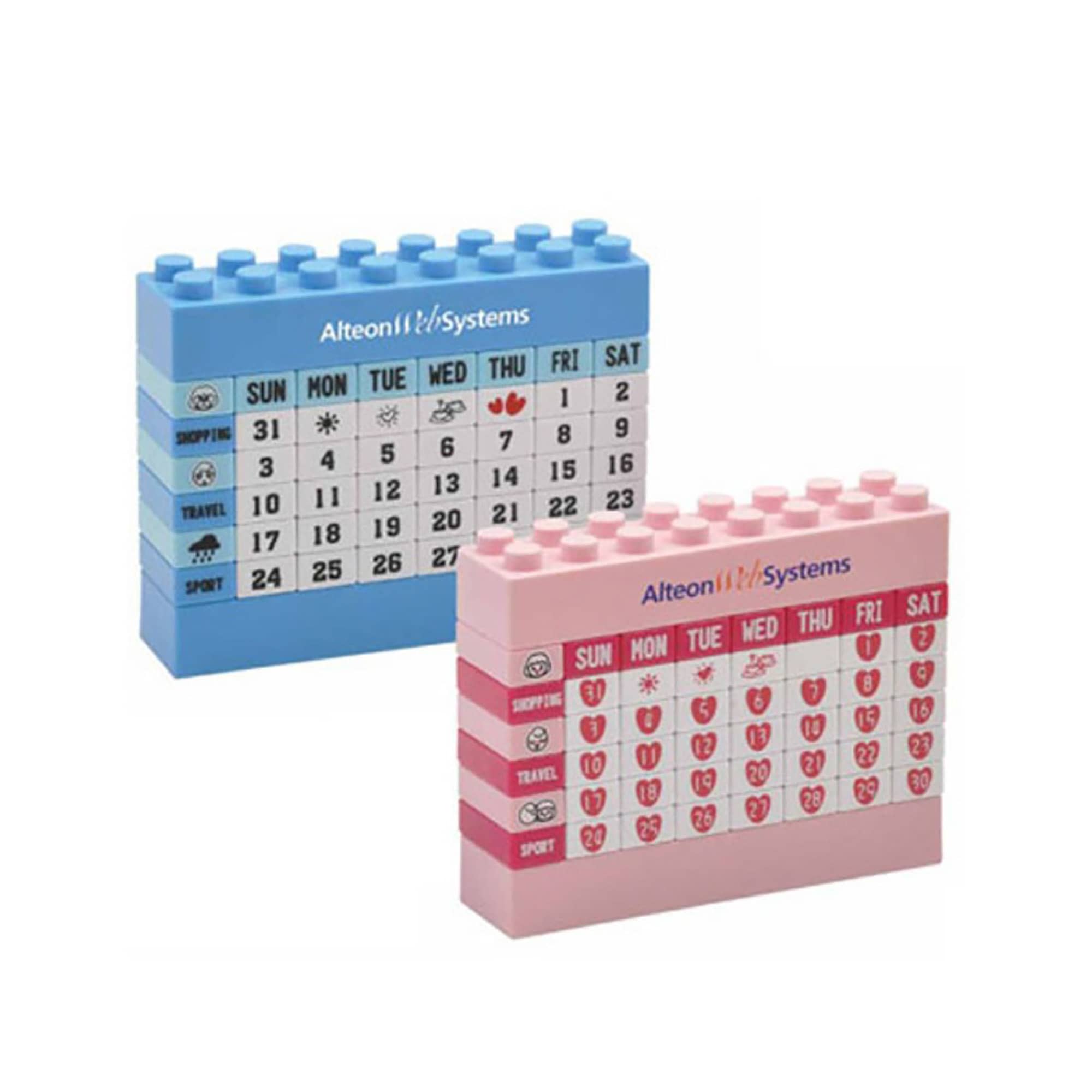 A desk calendar set featuring a blue and a pink calendar, both with colourful icons and a logo. Calendar - Image 1