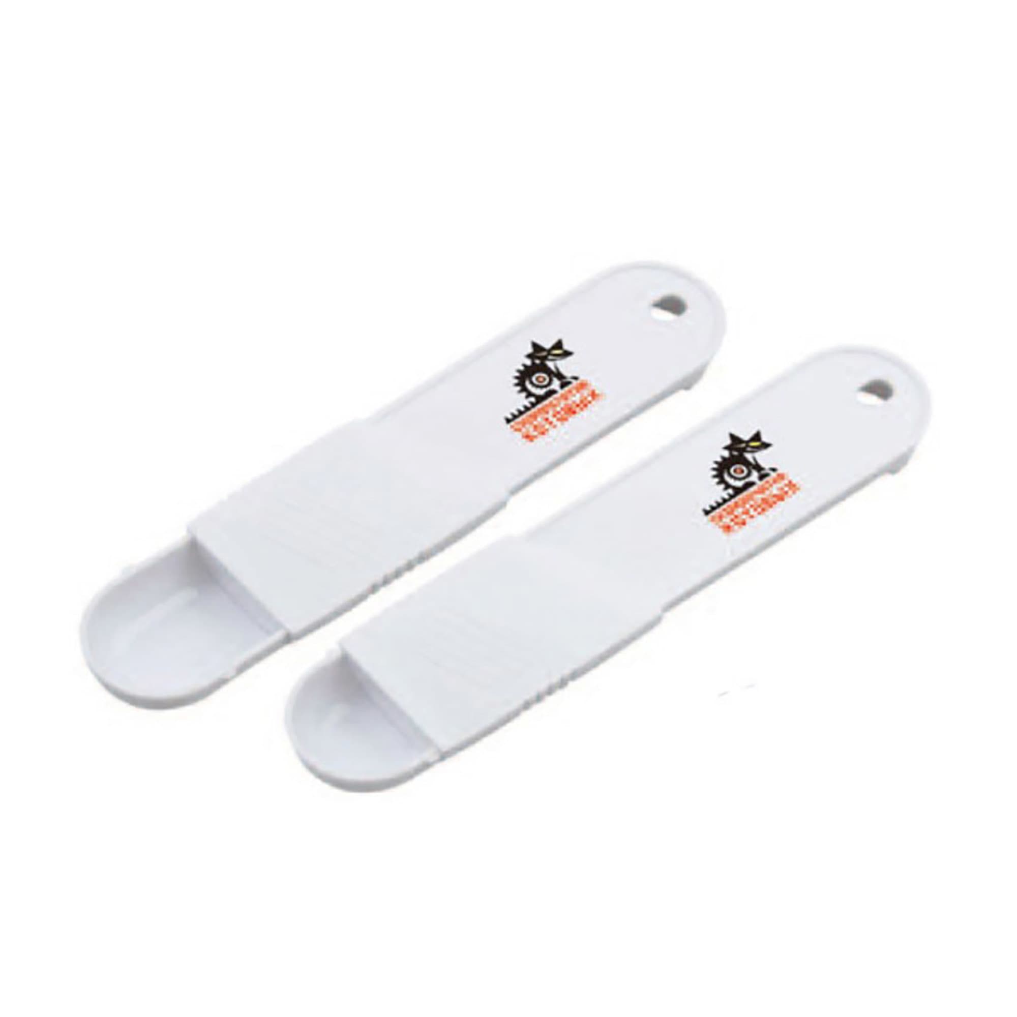 Two white measuring scoops, featuring a logo, designed for tea and coffee accessories. Measuring Scoop - Image 1