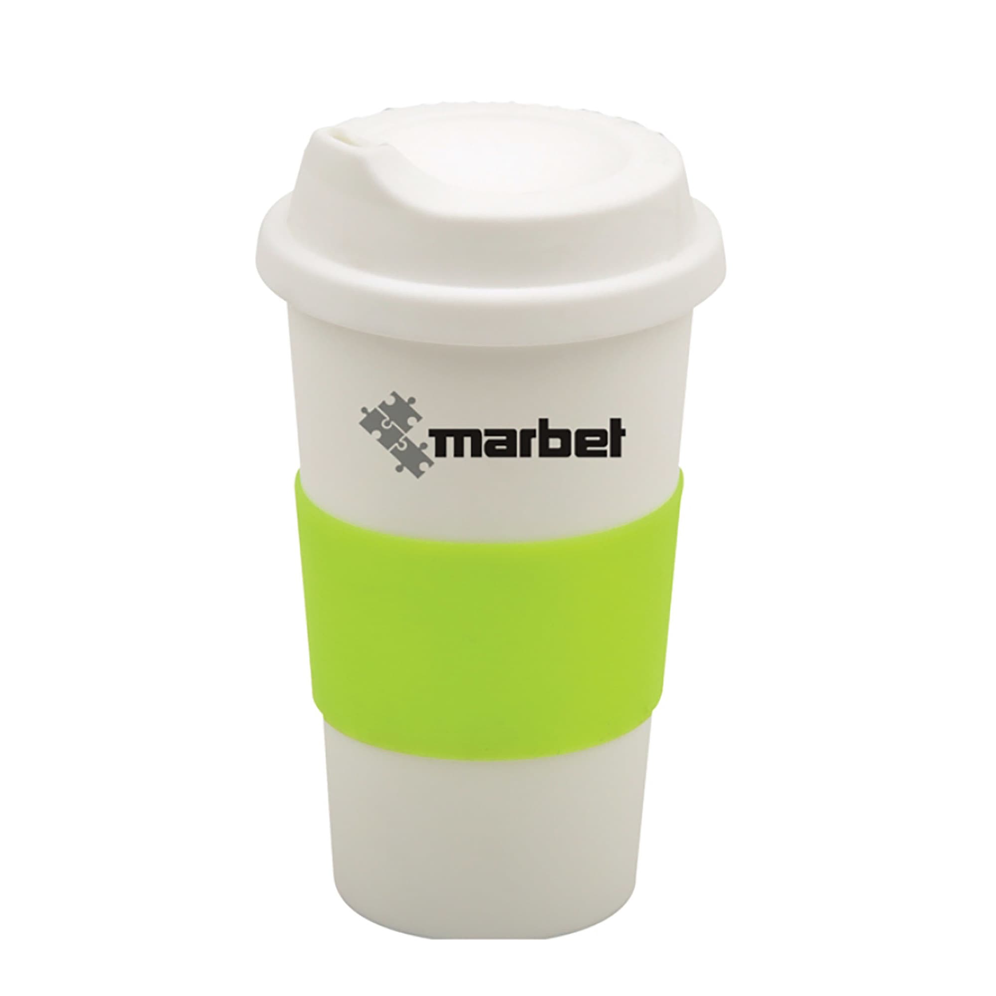 A white coffee cup with a green silicone sleeve and a lid, featuring a logo. Coffee Cup - Image 1