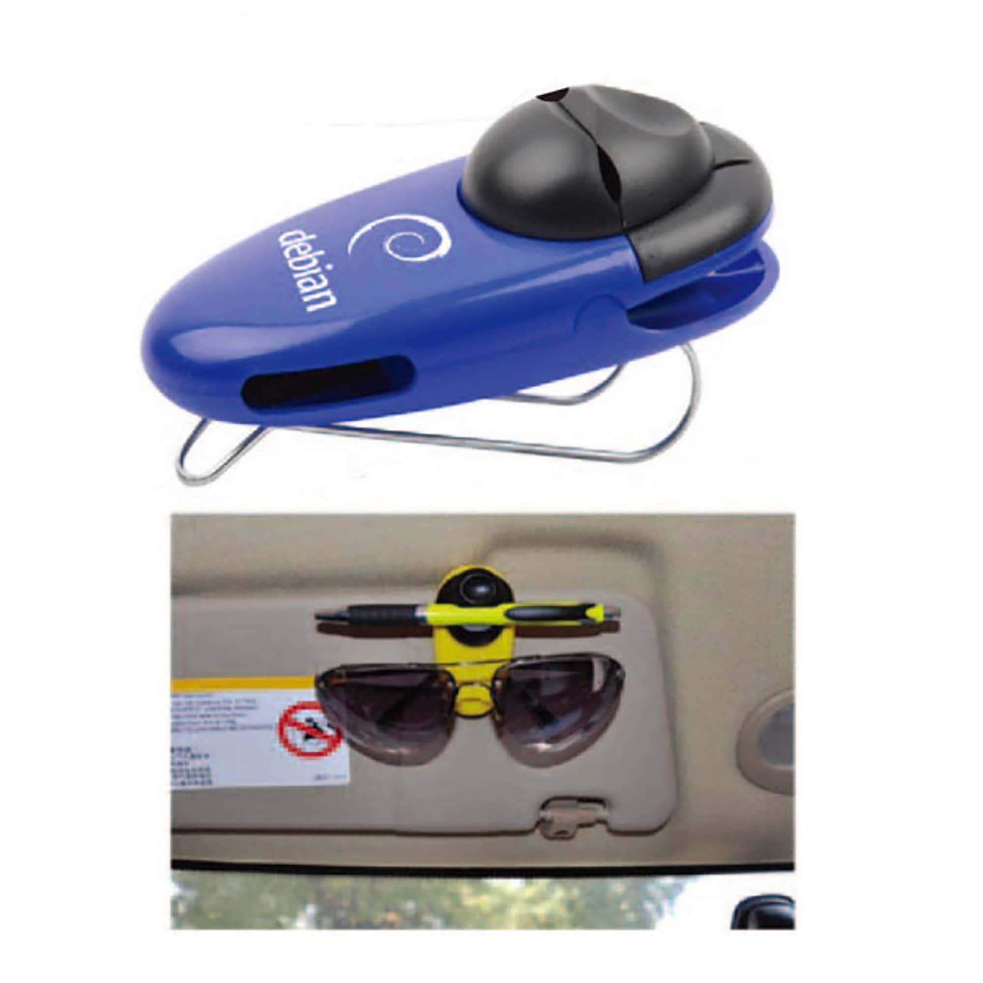 A blue sunglasses holder with a black clip, designed for car sun visors, holding a pair of sunglasses. Sunglasses Holder - Image 1