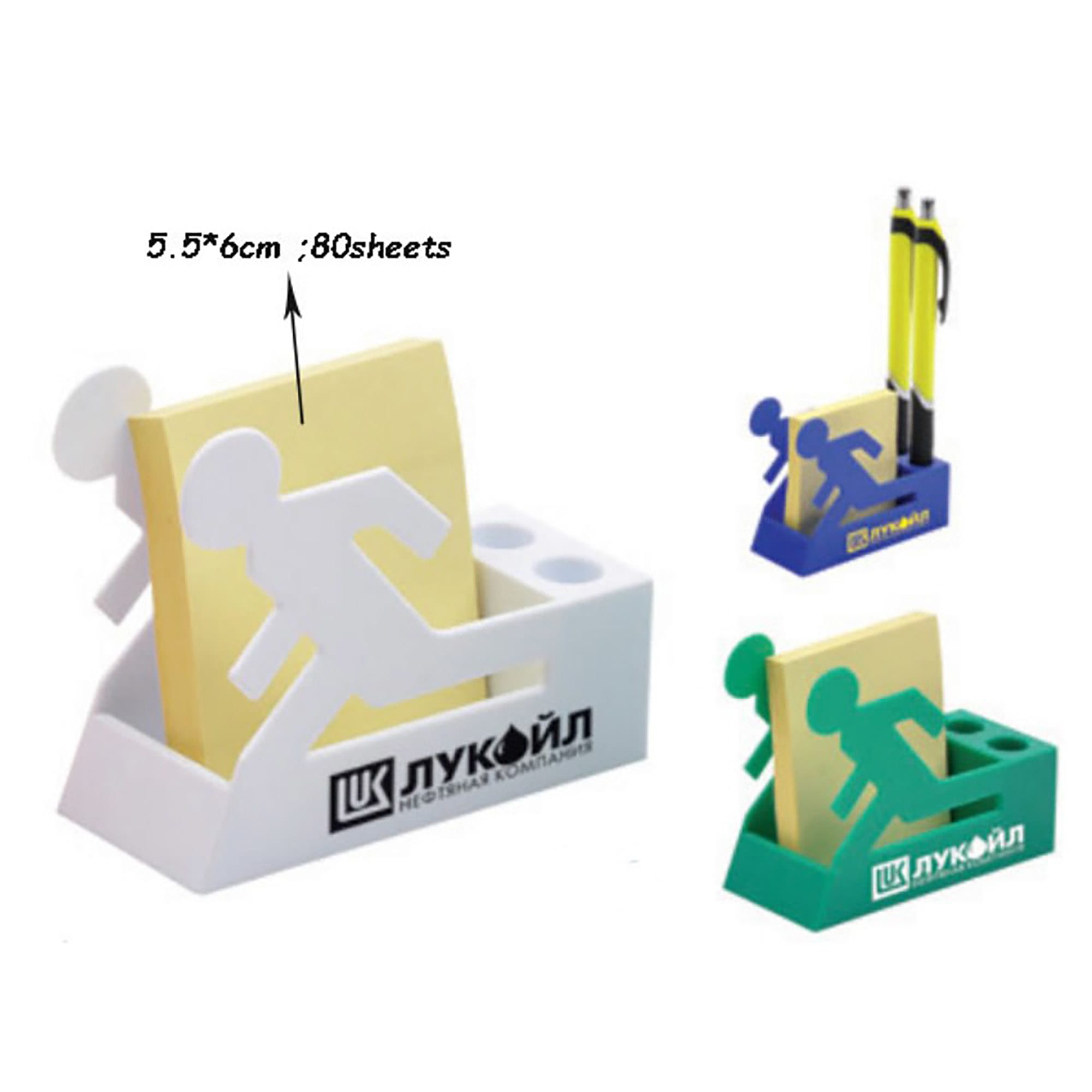 A white and green pen holder with a memo pad, featuring a figure design, holds pens and sticky notes. Pen Holder with Memo Pad - Image 1