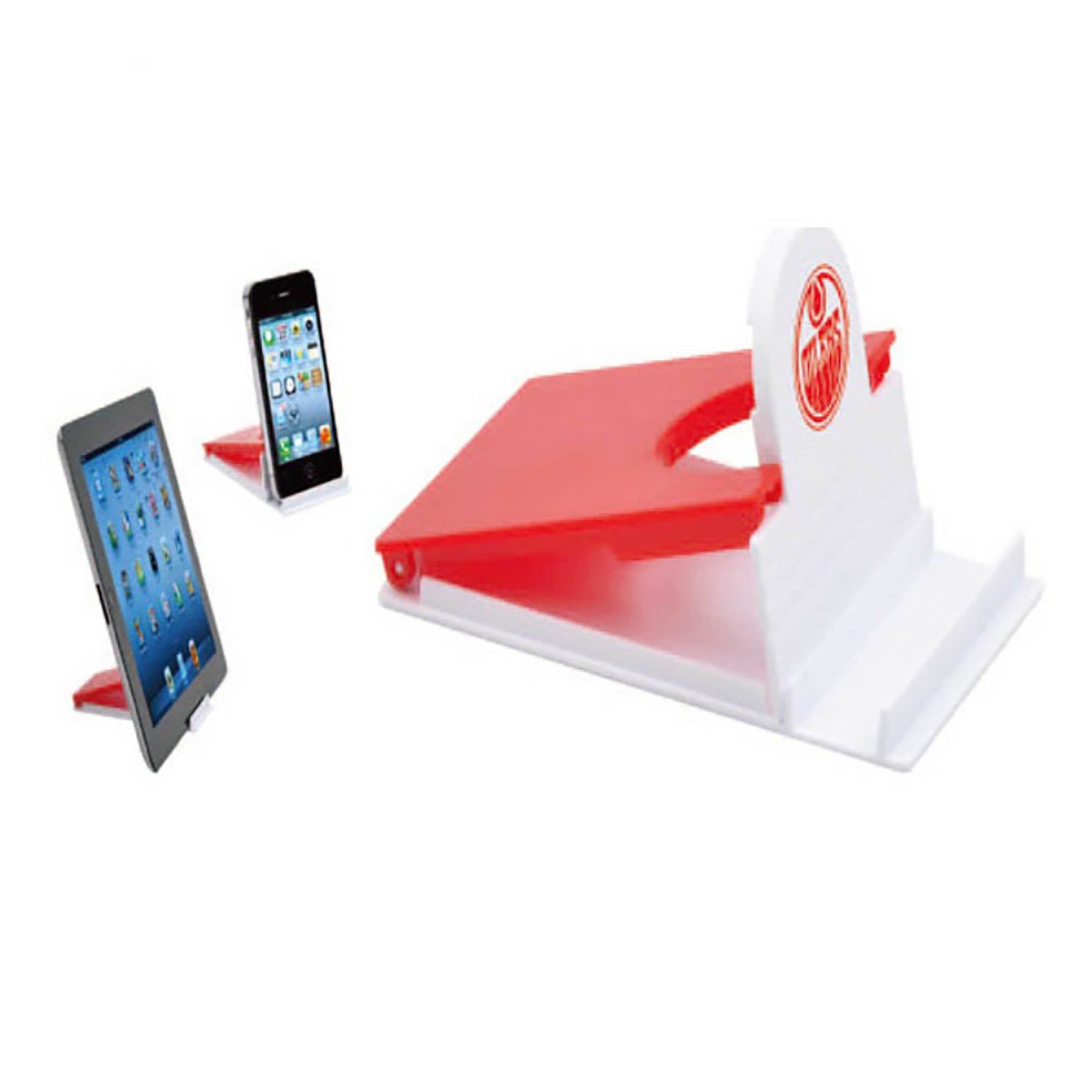 A red and white mobile holder displaying an iPad and an iPhone, featuring a logo on its base. Mobile Holder - Image 1