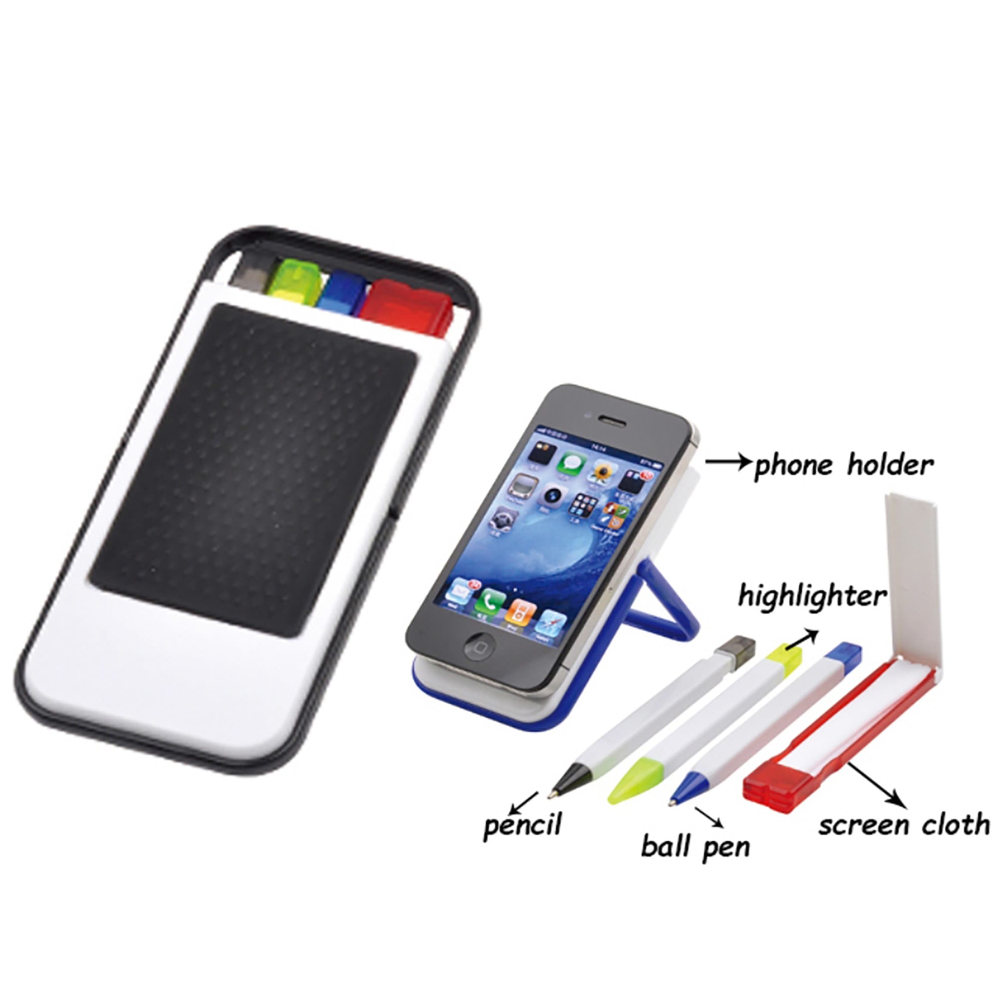 Mobile holder in black and white with red, blue, green, and yellow pens, and a screen cloth. Features a phone stand. Mobile Holder with Pen Sets and Cloth - Image 1