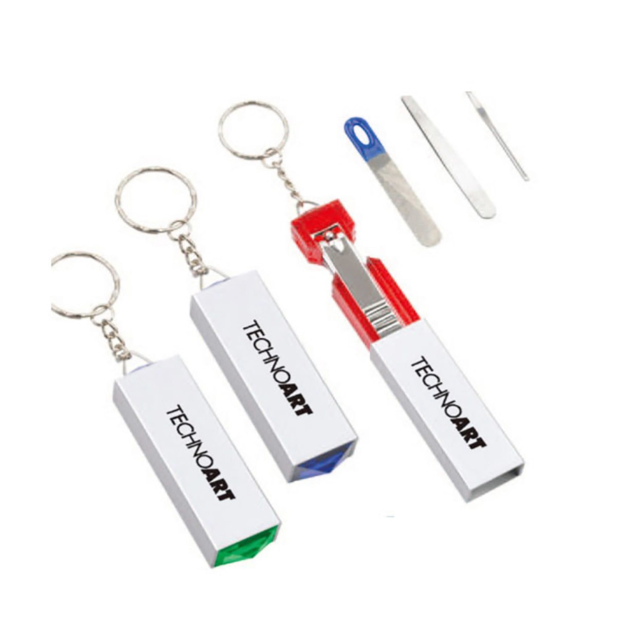 A manicure set featuring a keychain, nail clipper, nail file, and cuticle pusher in red, blue, and green. Manicure Set - Image 1