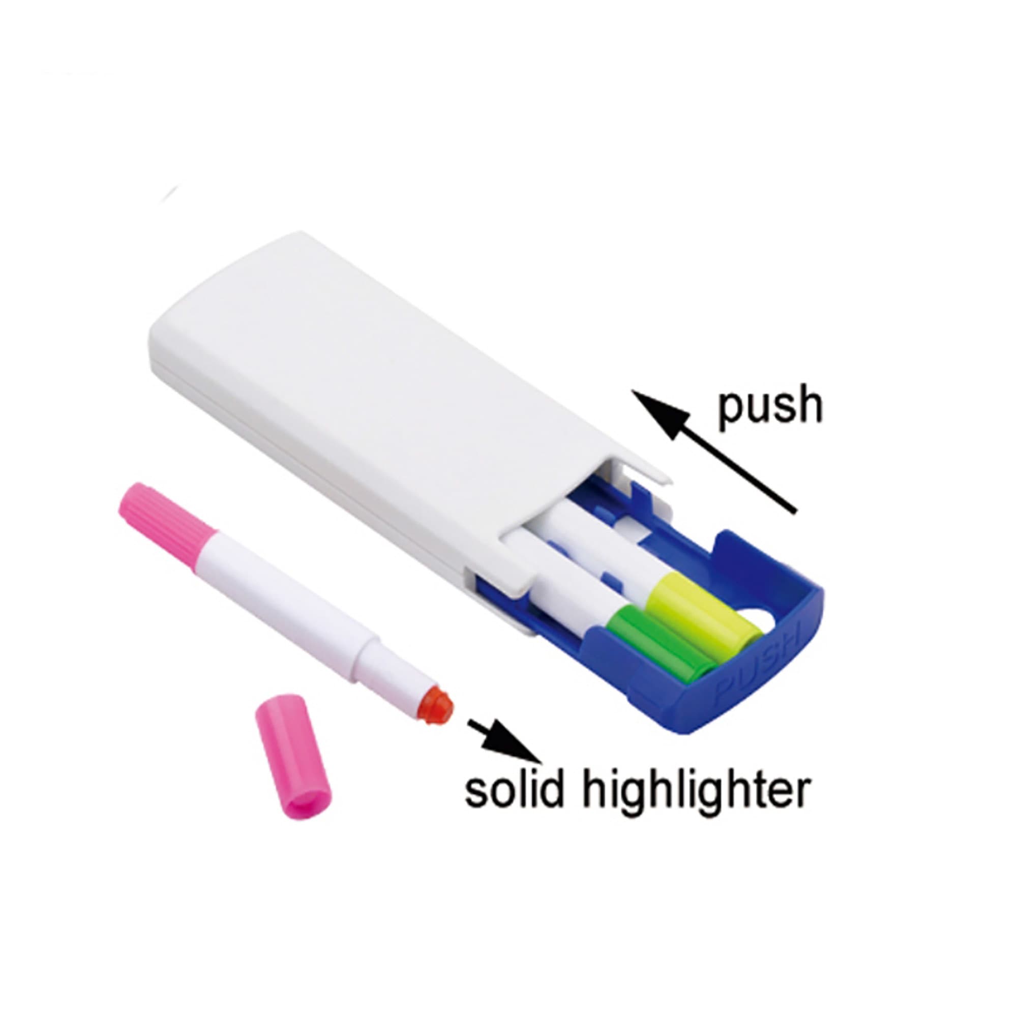 A solid pen set featuring a white case and four colourful writing tools: pink, green, blue, and orange. Solid Pen Set - Image 1