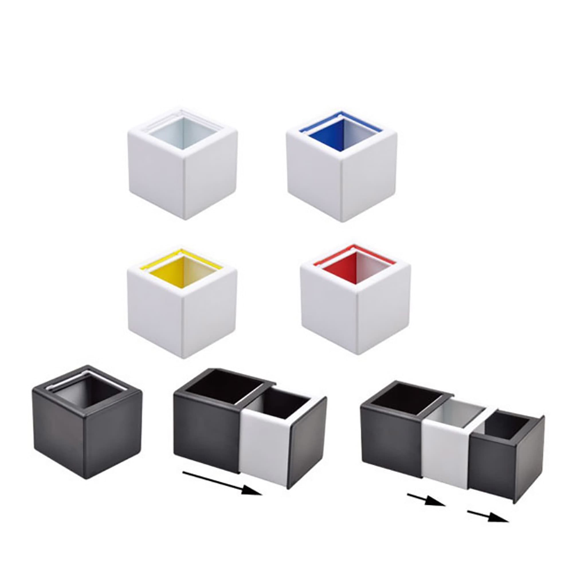 A set of square pen holders in black, white, red, yellow, and blue, with a versatile design for organising. Pen Holder - Image 1