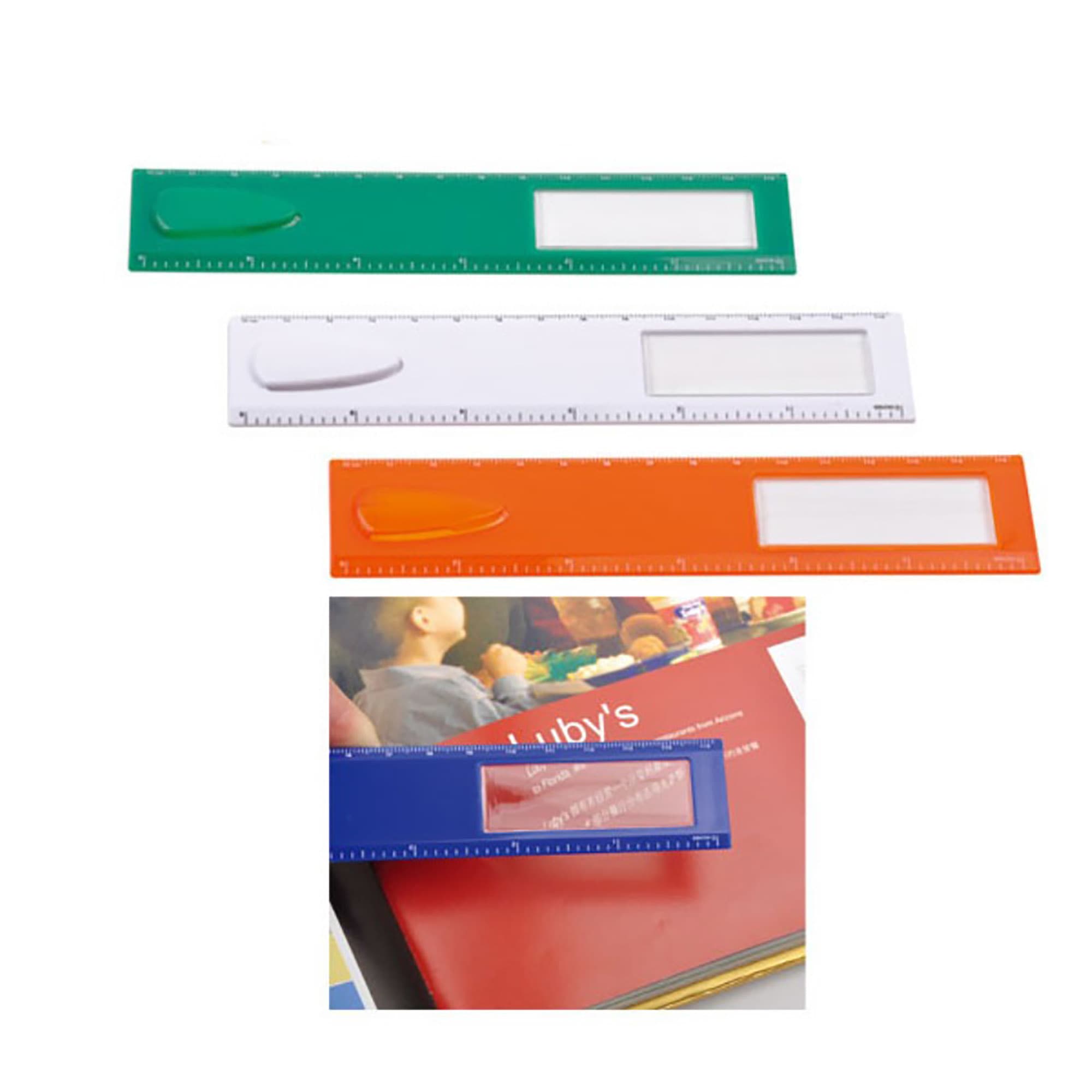 A set of rulers in green, white, orange, and blue, featuring a magnifying section and a bookmark. Ruler with Magnifying and Bookmark - Image 1