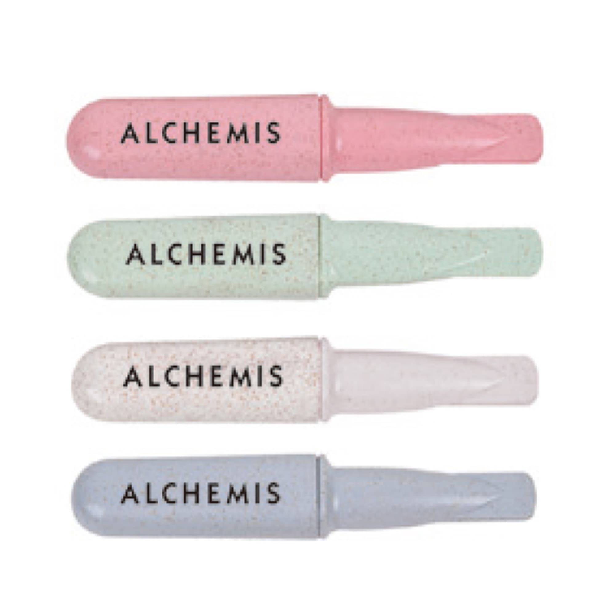 A cutlery set featuring four utensils in soft pink, green, white, and blue hues, made from wheat straw. Cutlery Set – Wheat Straw - Image 1