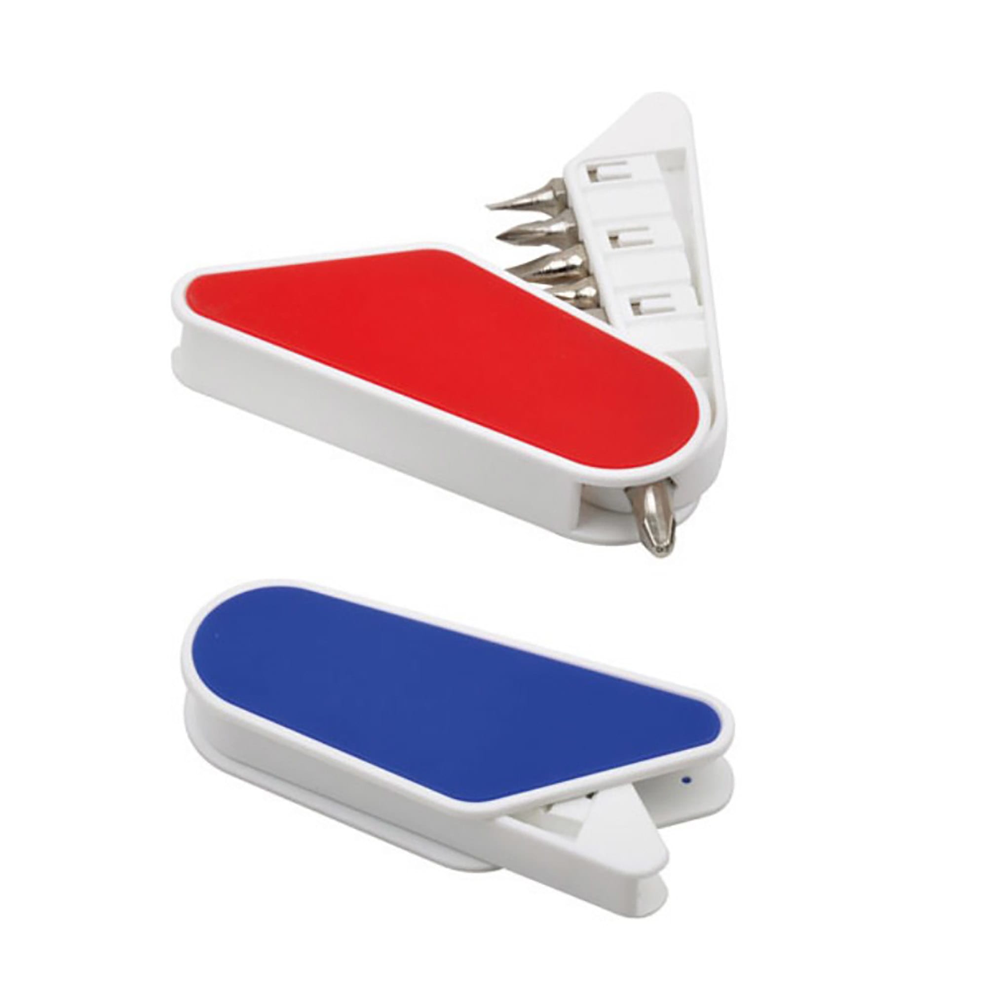 A compact tool set in red and blue, featuring a white casing with multiple screwdrivers and a keyring attachment. Tool Set - Image 1
