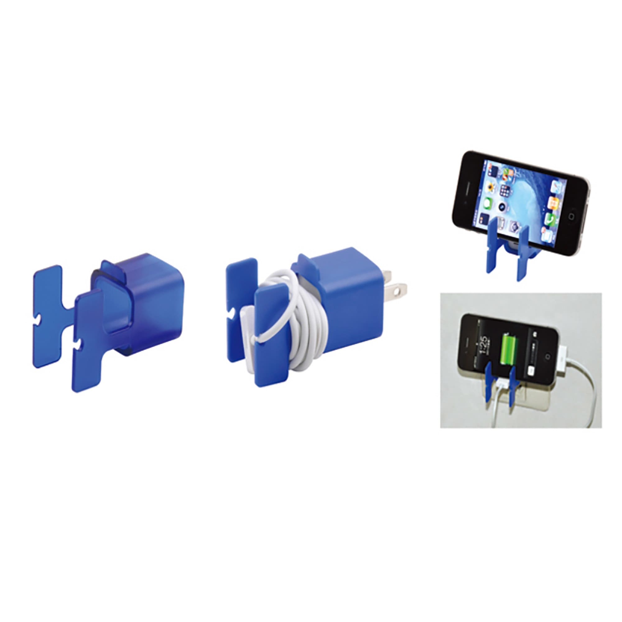 A blue cable organiser for tidying phone charging cables, featuring multiple clips and a compact design. Cable Organiser - Image 1