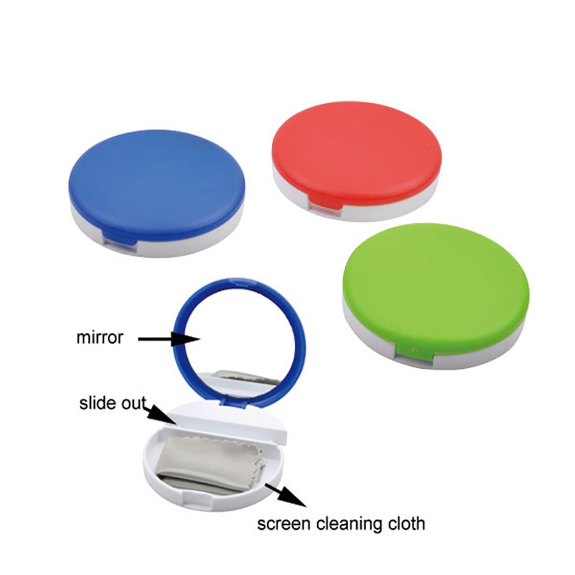 A collection of three circular mobile stands in red, blue, and green, featuring a mirror and a screen cleaning cloth inside. Mobile Stand with Mirror and Cloth - Image 1