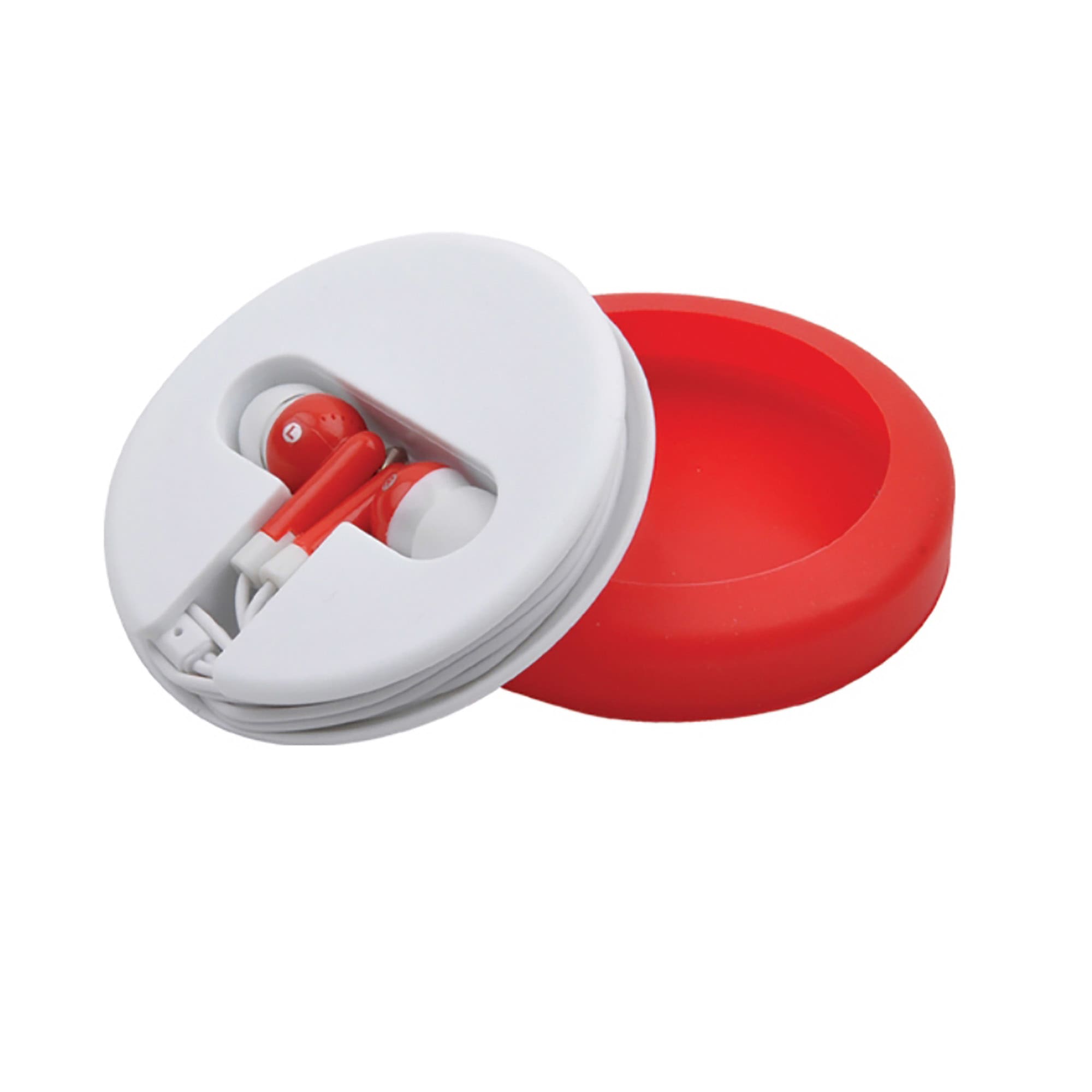 Earbuds in a white and red case, with the earbuds neatly wrapped for storage. The case features a smooth surface. Earbuds in Case - Image 1
