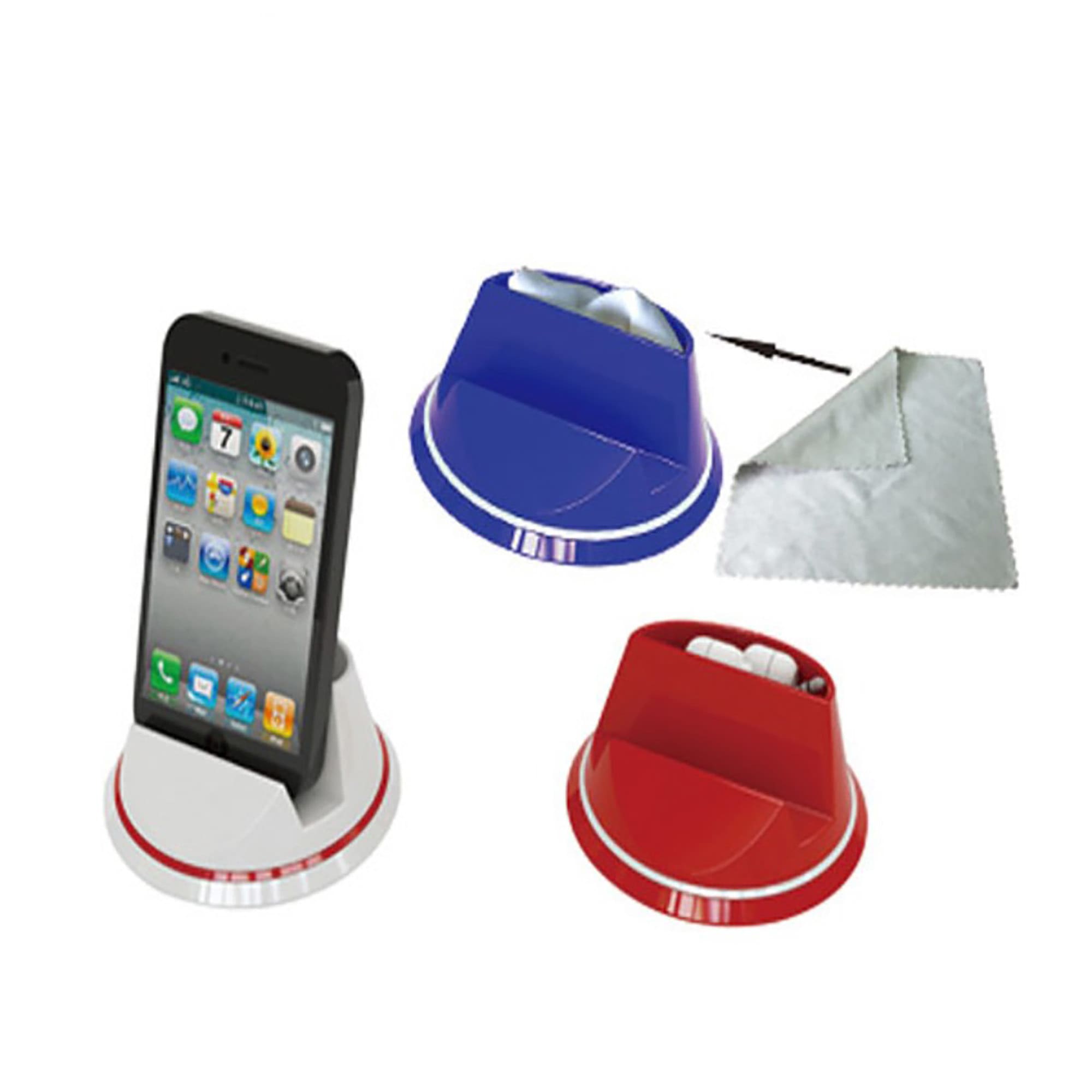 A phone stand in red, white, and blue, with a slot for a smartphone and space for accessories. Mobile Stand - Image 1