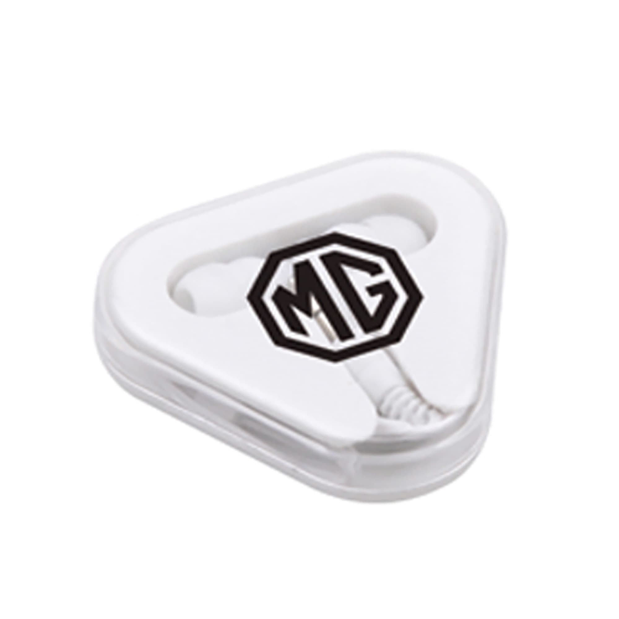 Earbuds in a white triangular case, featuring a black logo, designed for easy storage and portability. Earbuds in Case - Image 1