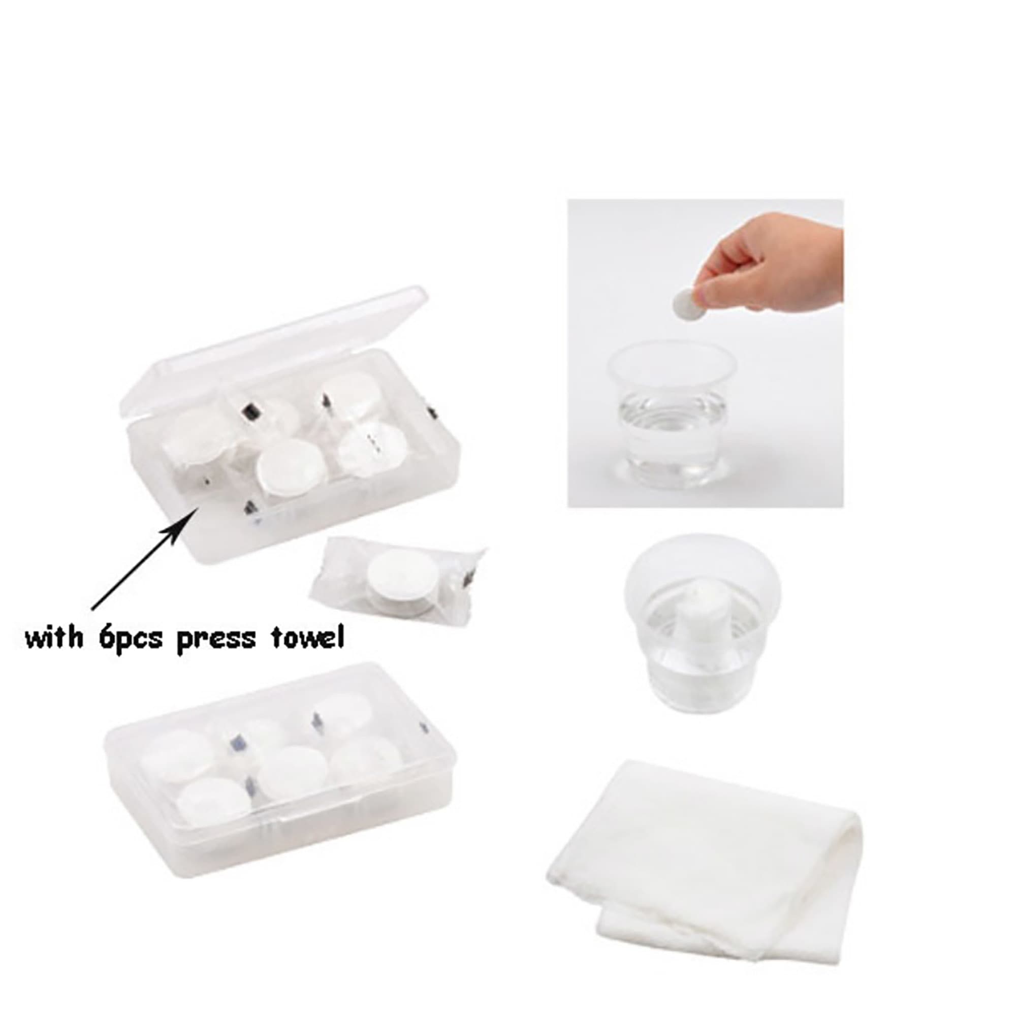 A clear case containing six white press towels, alongside a hand demonstrating their use in water. Press Towel in Case - Image 1