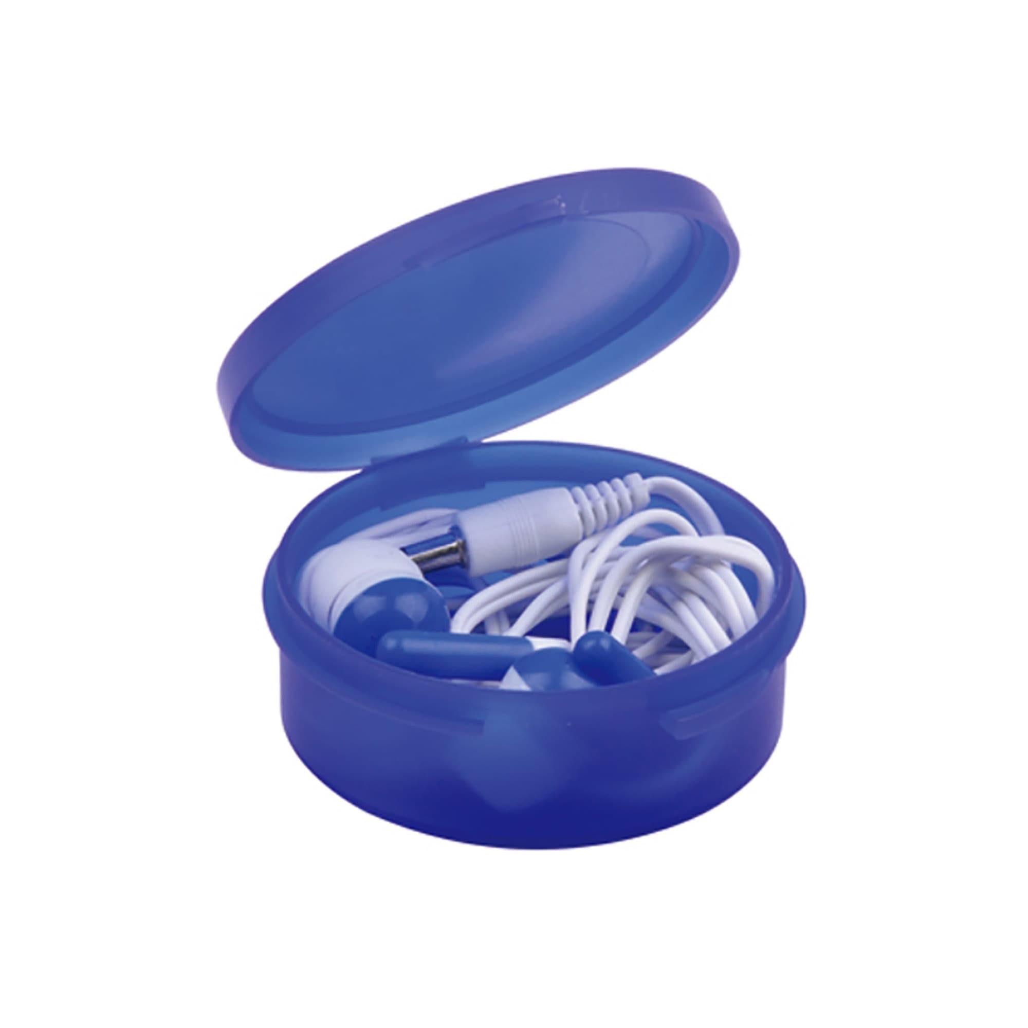 A blue case holding white earbuds with a coiled cable inside, partially open. Earbuds in Case - Image 1