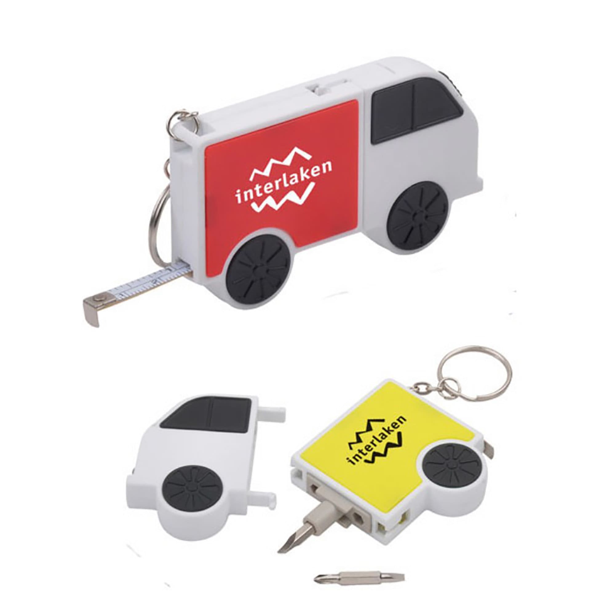 A tool set featuring a van-shaped design, including a tape measure, screwdriver, and a keyring. Available in white, red, and yellow. Tool Set with Light and Tape Measure - Image 1