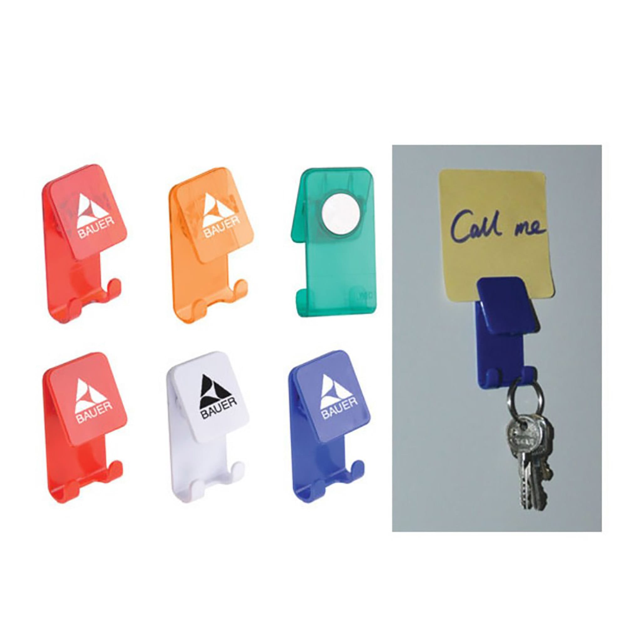 A set of colourful Handy Hooks in orange, green, white, and blue, with one holding a note and keys. Handy Hook - Image 1